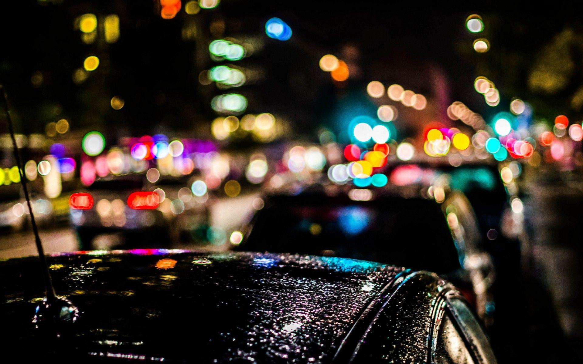 city night lights rain