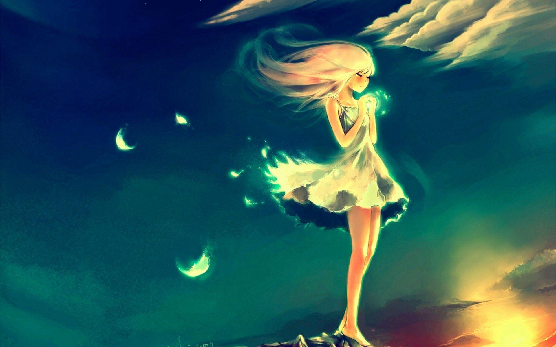 Anime Wallpaper Awesome Angel Cry Alone so Sad Night Sky Feather