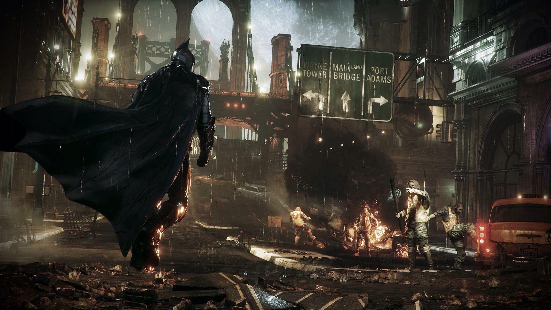 Batman, smoke, building, street, fire, Batman: Arkham Knight, Gotham