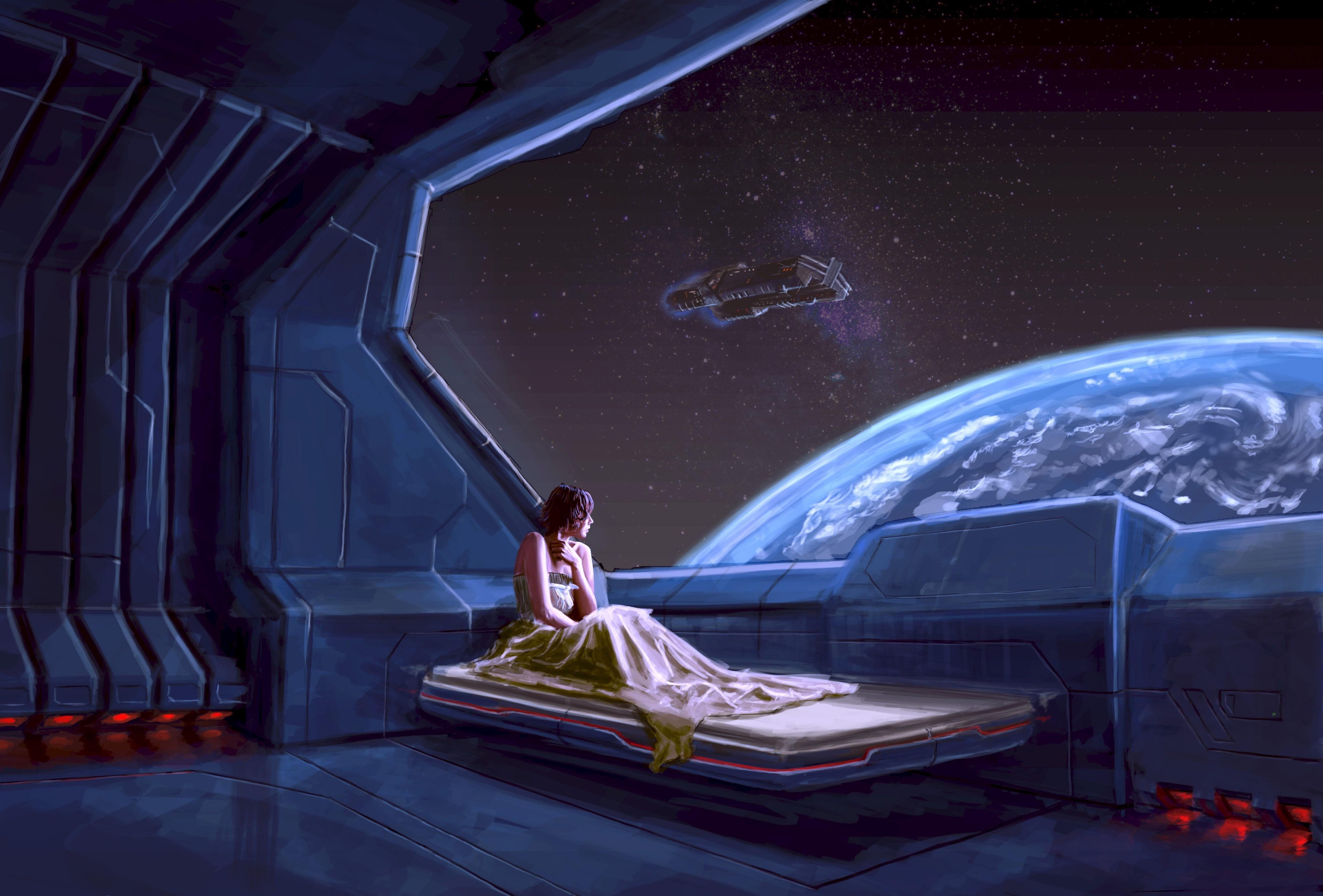 Woman inside spaceship looking on planet HD wallpaper