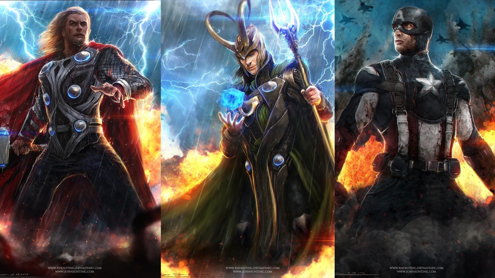 Thor, Captain America, artwork, Loki, Avengers wallpaper