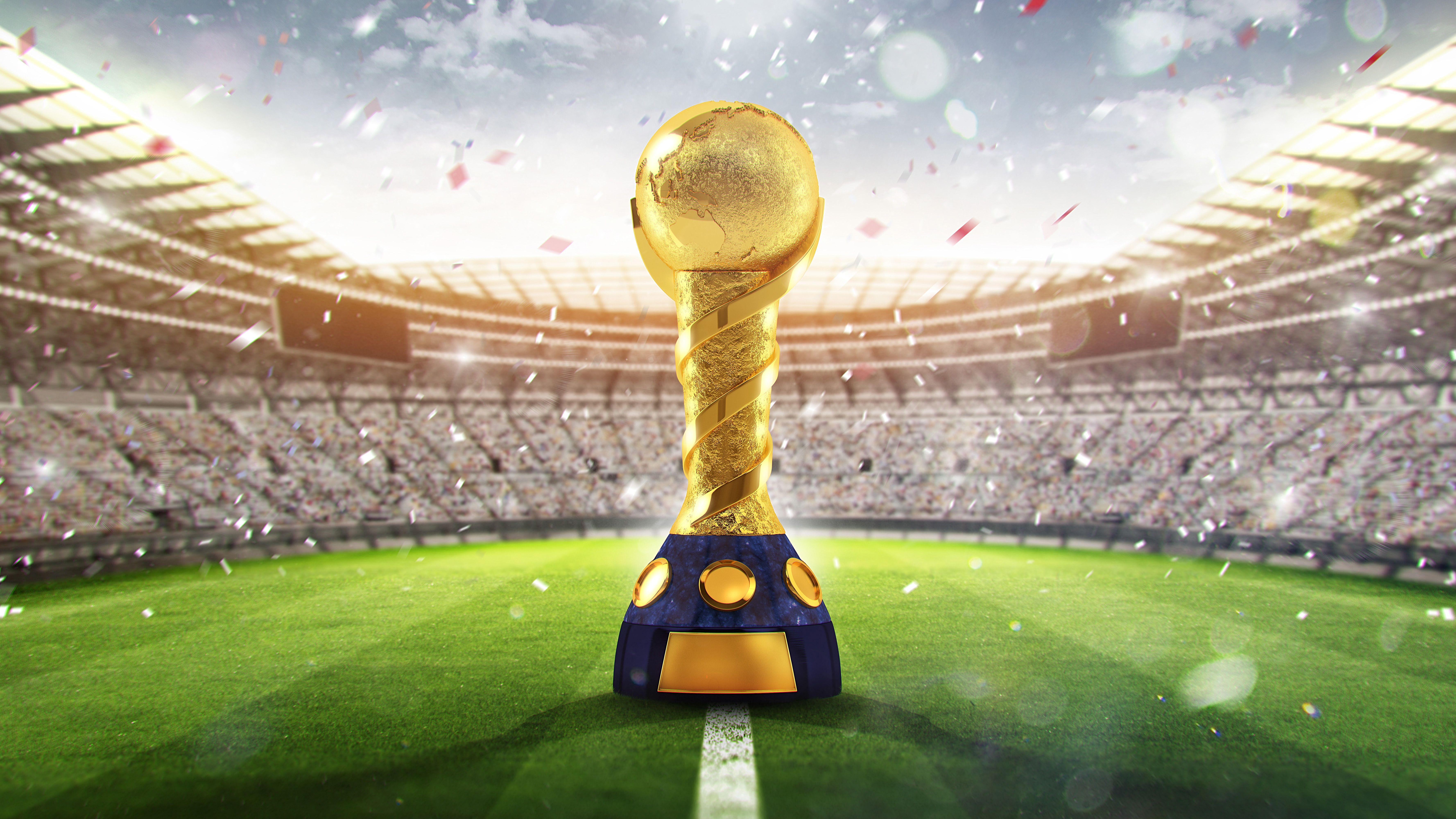 Wallpaper 2018 FIFA World Cup, Russia, Golden trophy, Stadium, FIFA