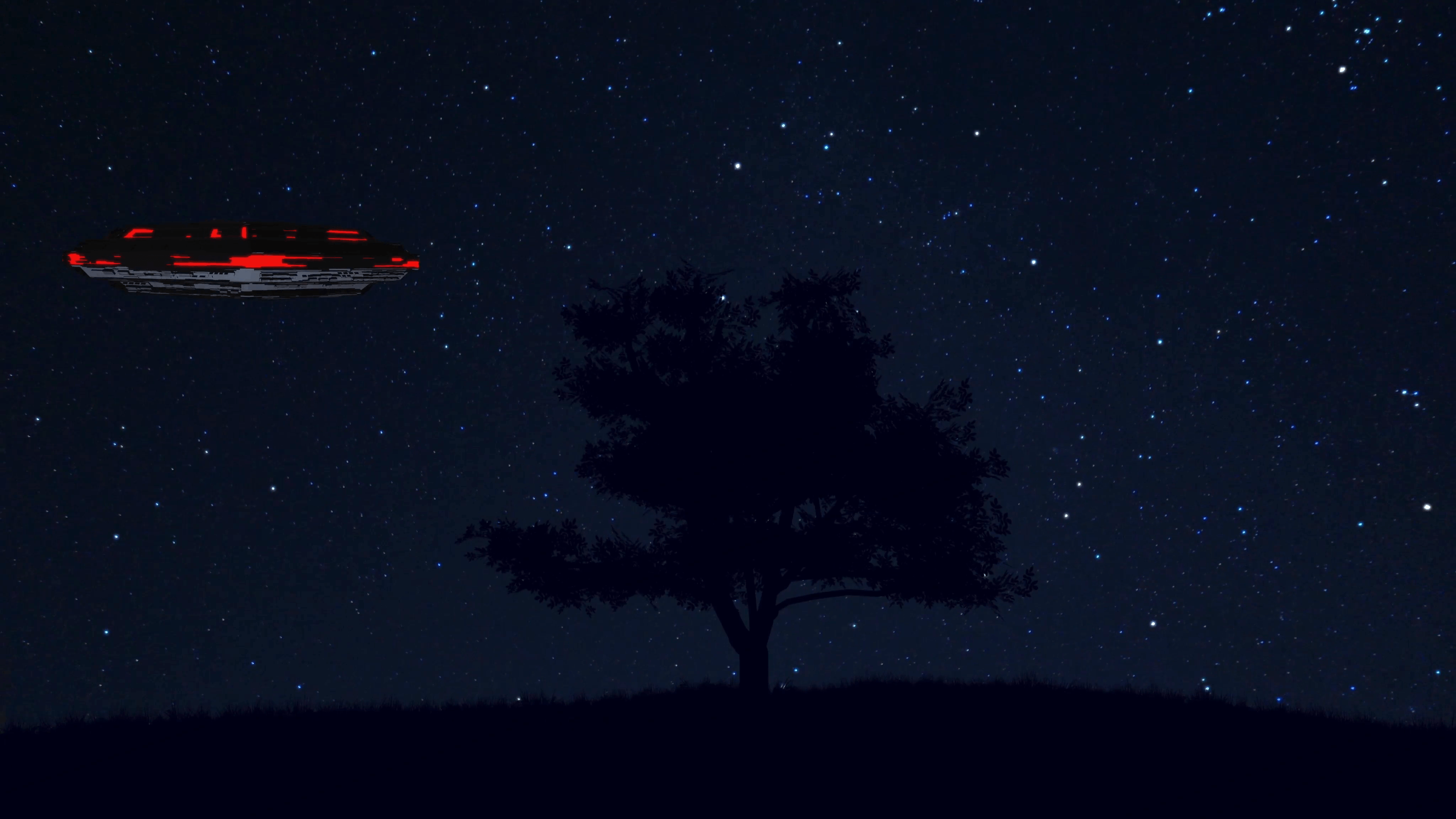 4K UFO behind Lonely Tree under Amazing Night Sky 3 Motion