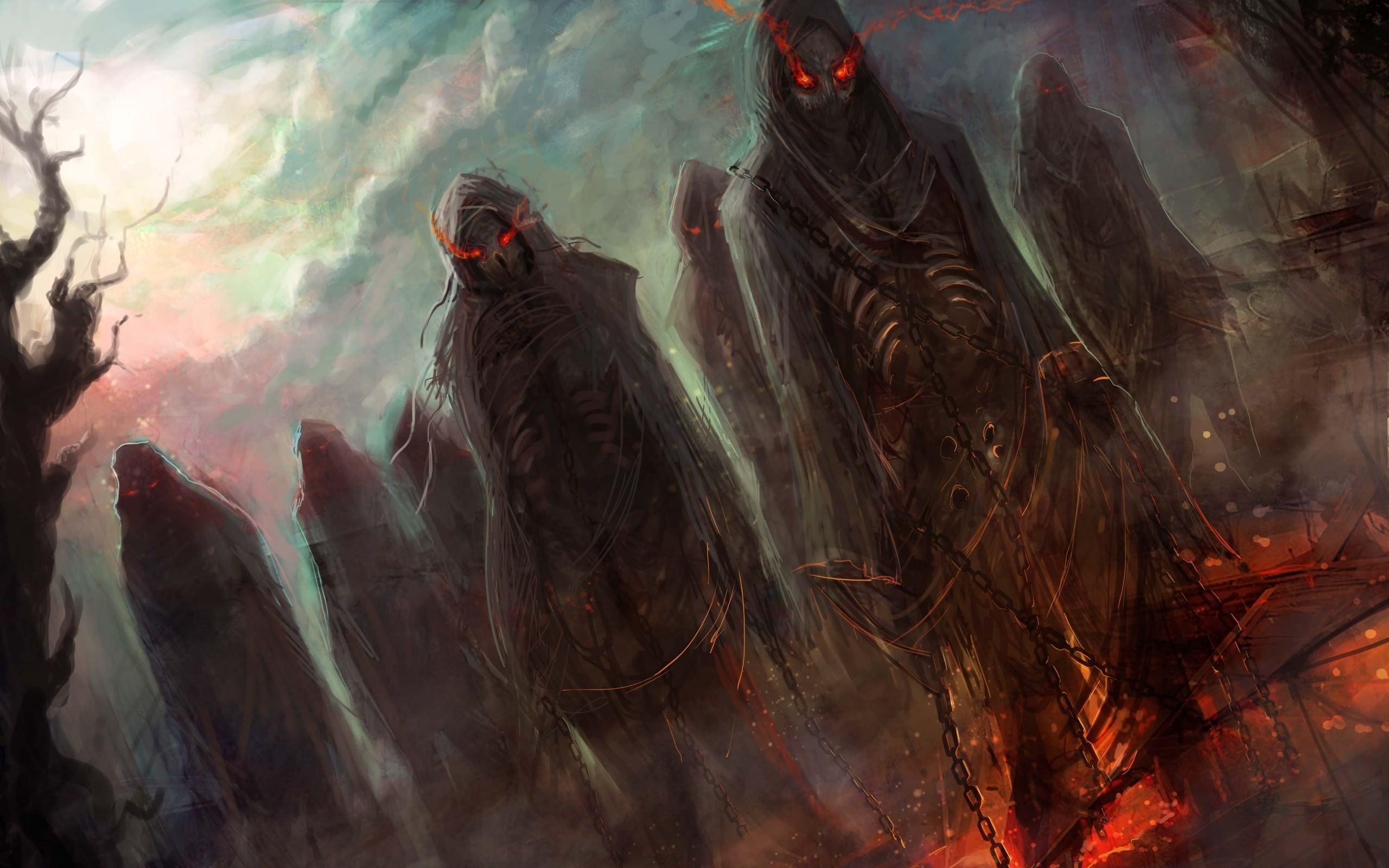 Dark horror evil fantasy art demons hell skeletons skulls eyes glow fire chains halloween wallpaperx1600
