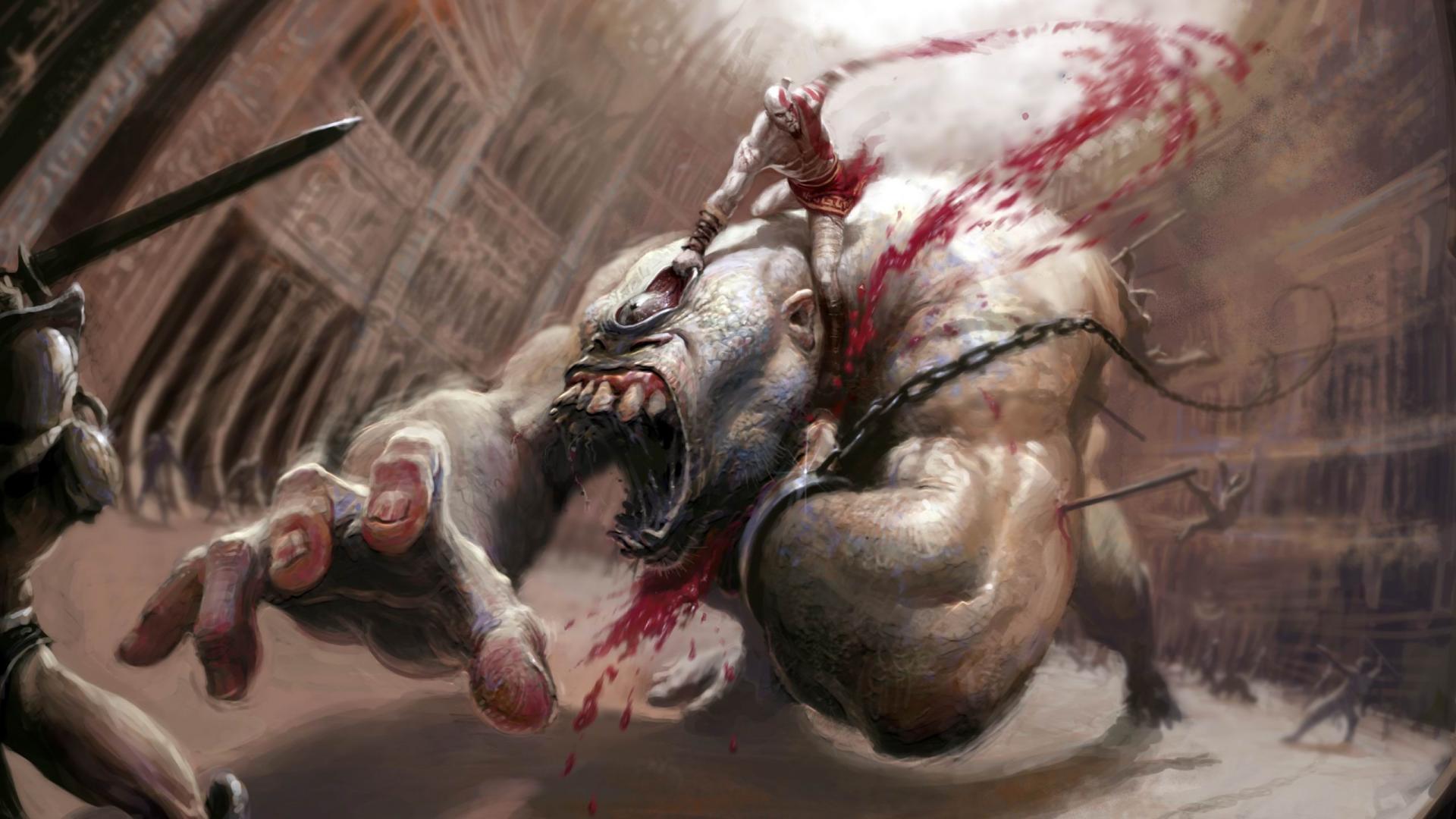 Wallpaper Kratos God Of War Fighting A Monster Game HD 1920x1080