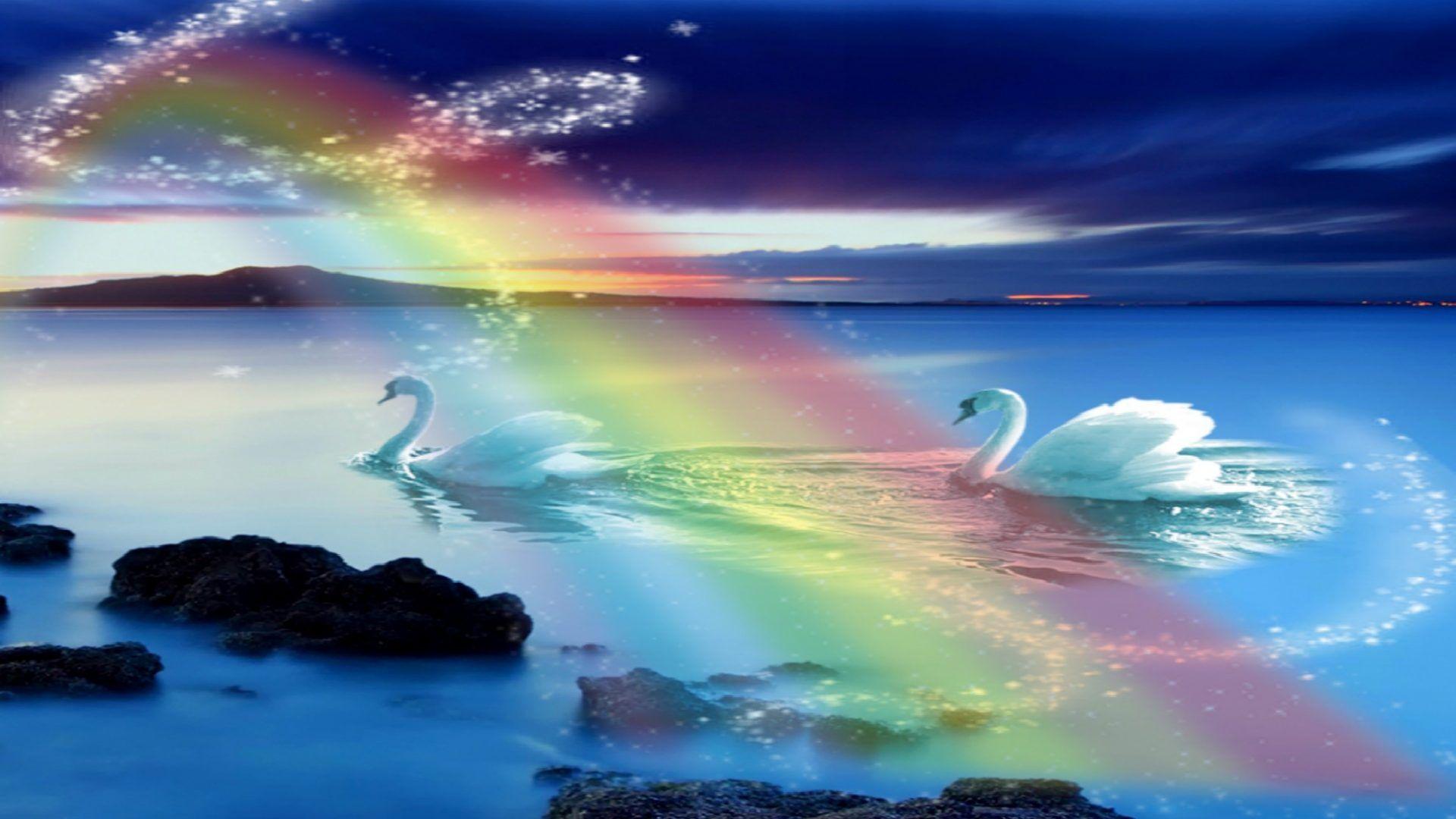December 2016 wallpaper: Rainbow Romantic Swans Nature