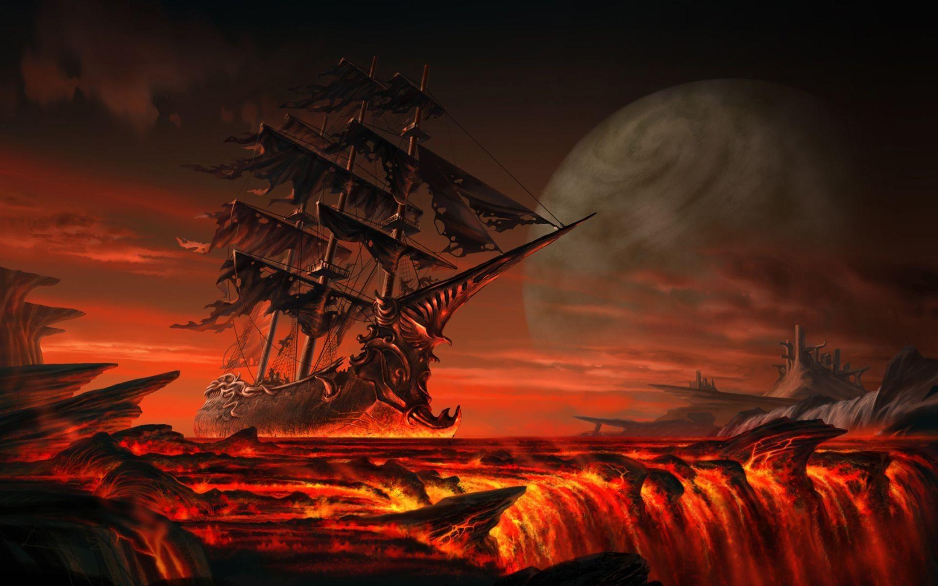fantasy, lava, ships, fantasy art, 3D, sailing ships wallpaper