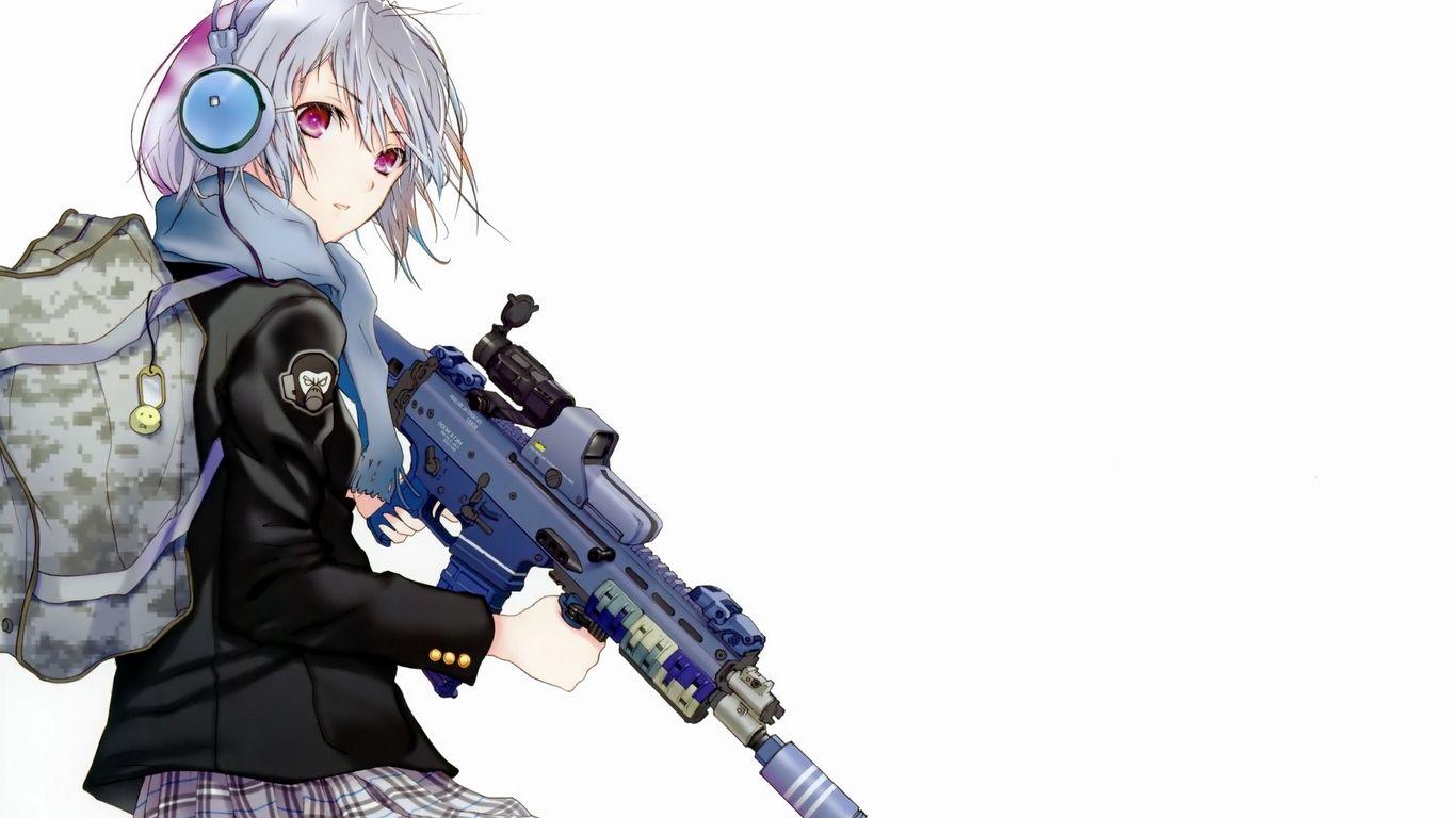 Download wallpaper 1366x768 anime, girl, attitude, backpack, weapons