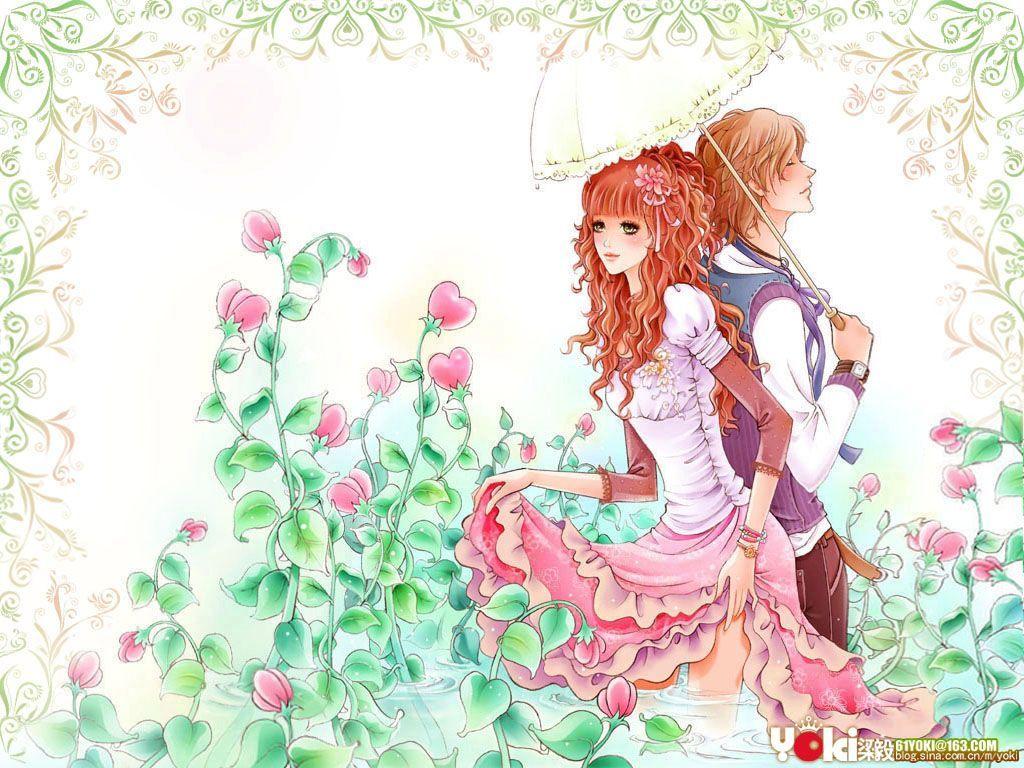 Flowers couple, cartoon, couple, flowers, love, romantic 8924