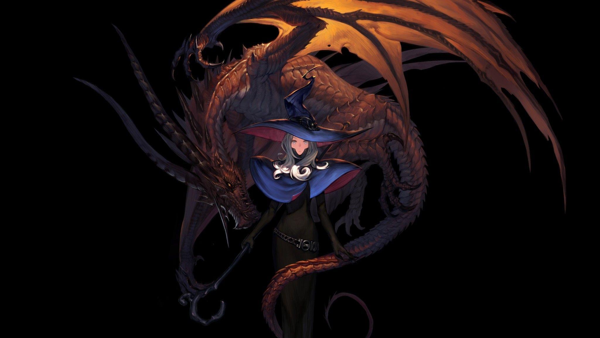 Download 2048x1154 Anime Girl, Dragon, Witch, Staff, Black Dress