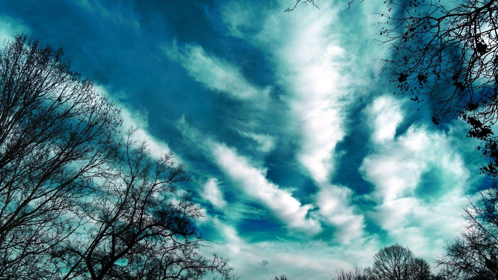 Download 2048x1154 Clouds, Sky, Evening, Trees Wallpaper