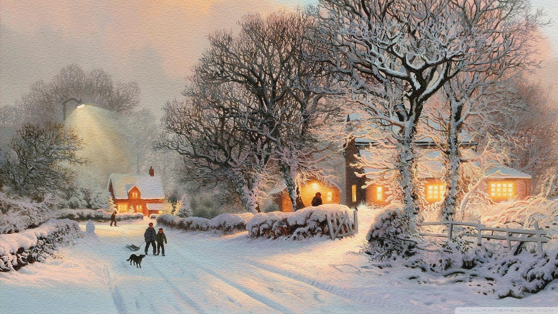 Village In Winter Painting Ultra HD Desktop Background