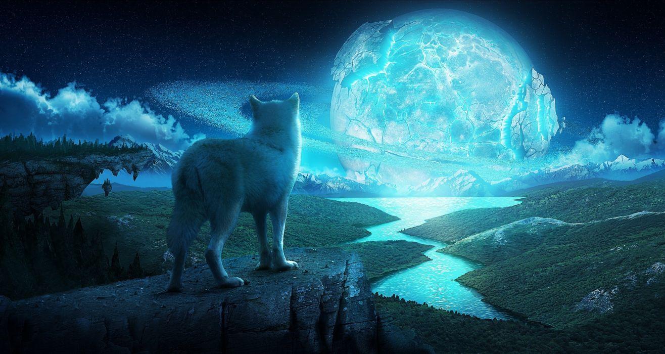 Art Wolf Night Planet Fantasy fantasy landscape wolves wallpaper
