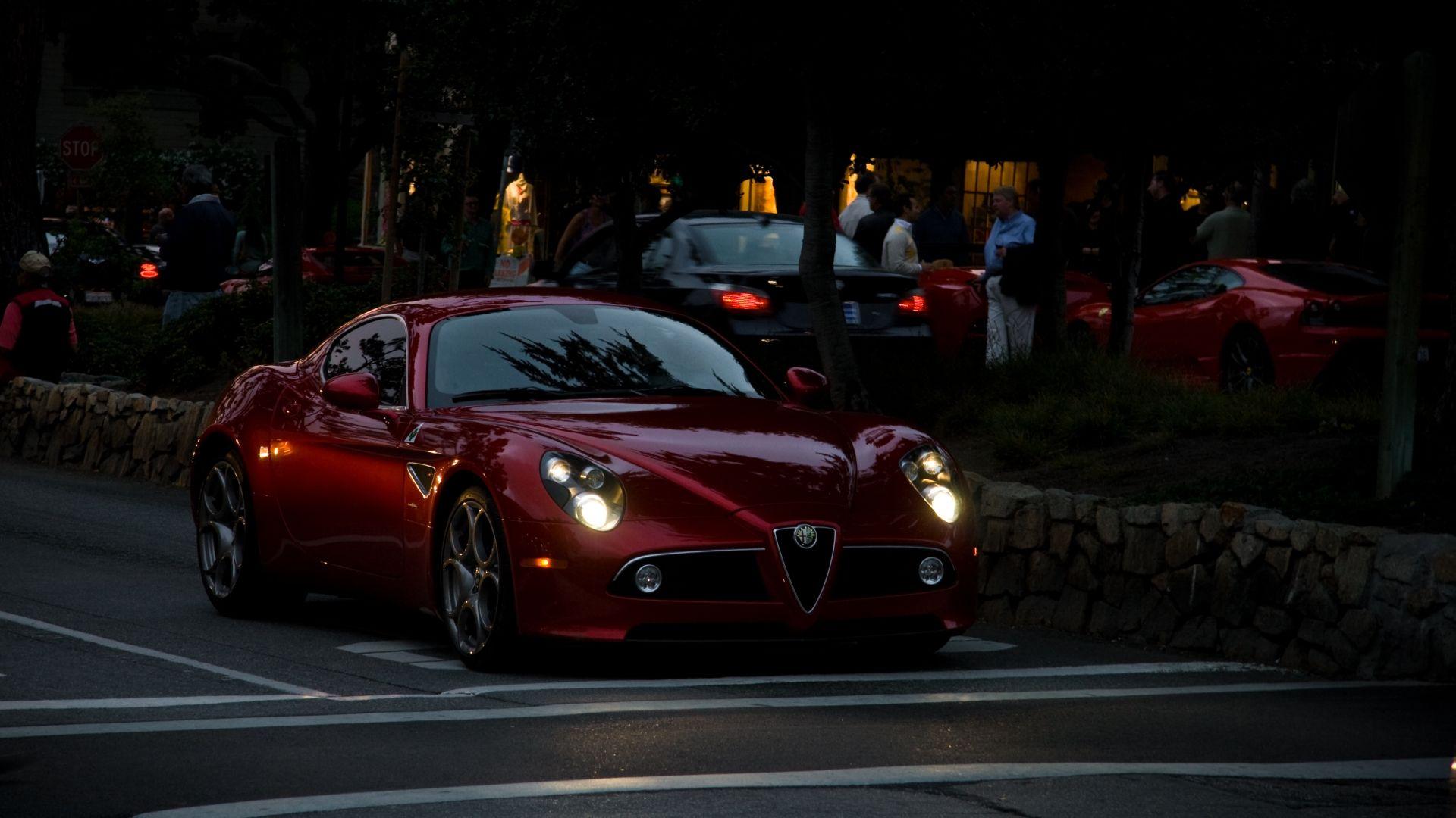 Alfa Romeo Cars, Alfa Romeo 8c Red Color In Night Headlights On 4k