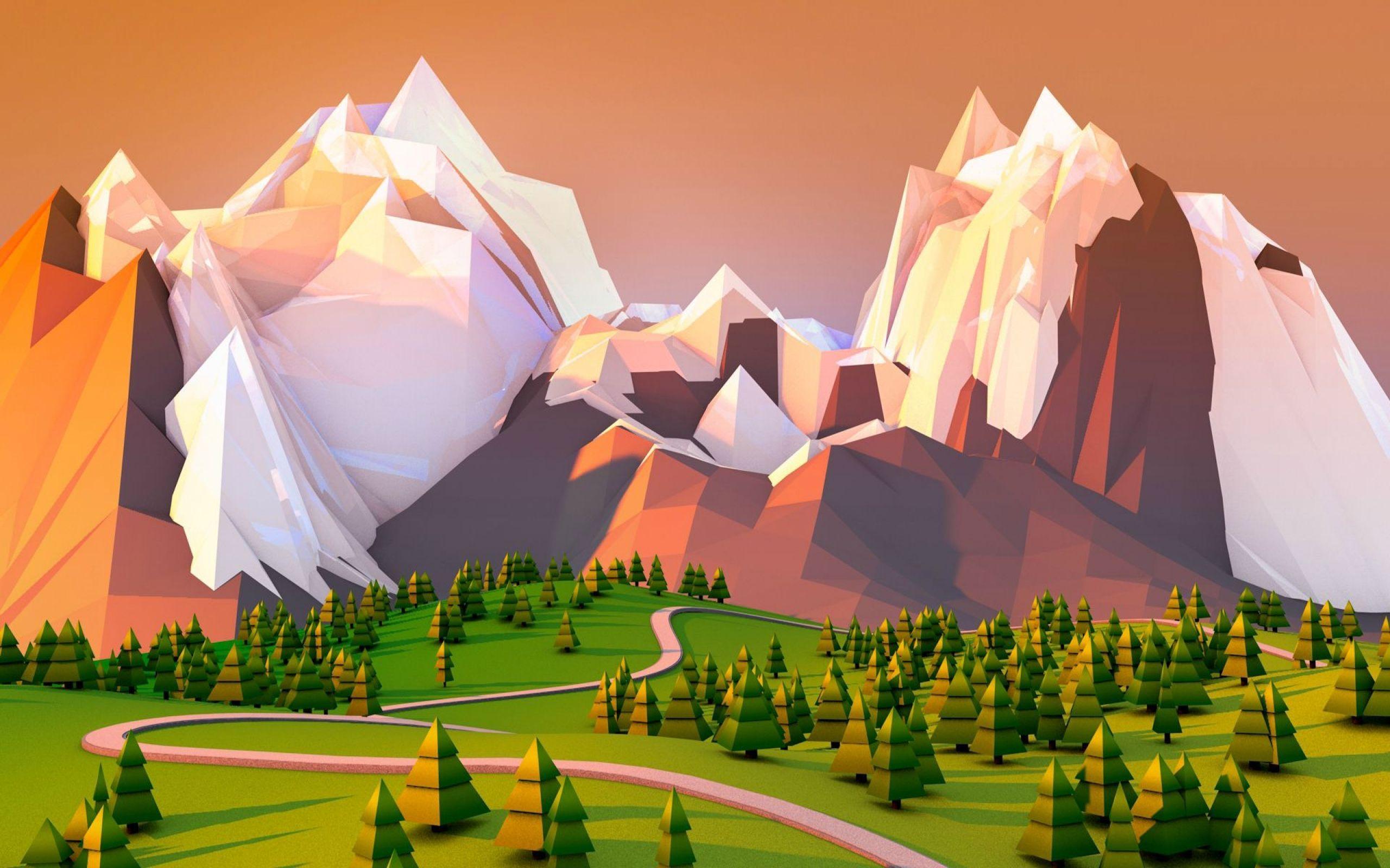 Polygon Art Abstract Mountains Trees Landscape Path Trail