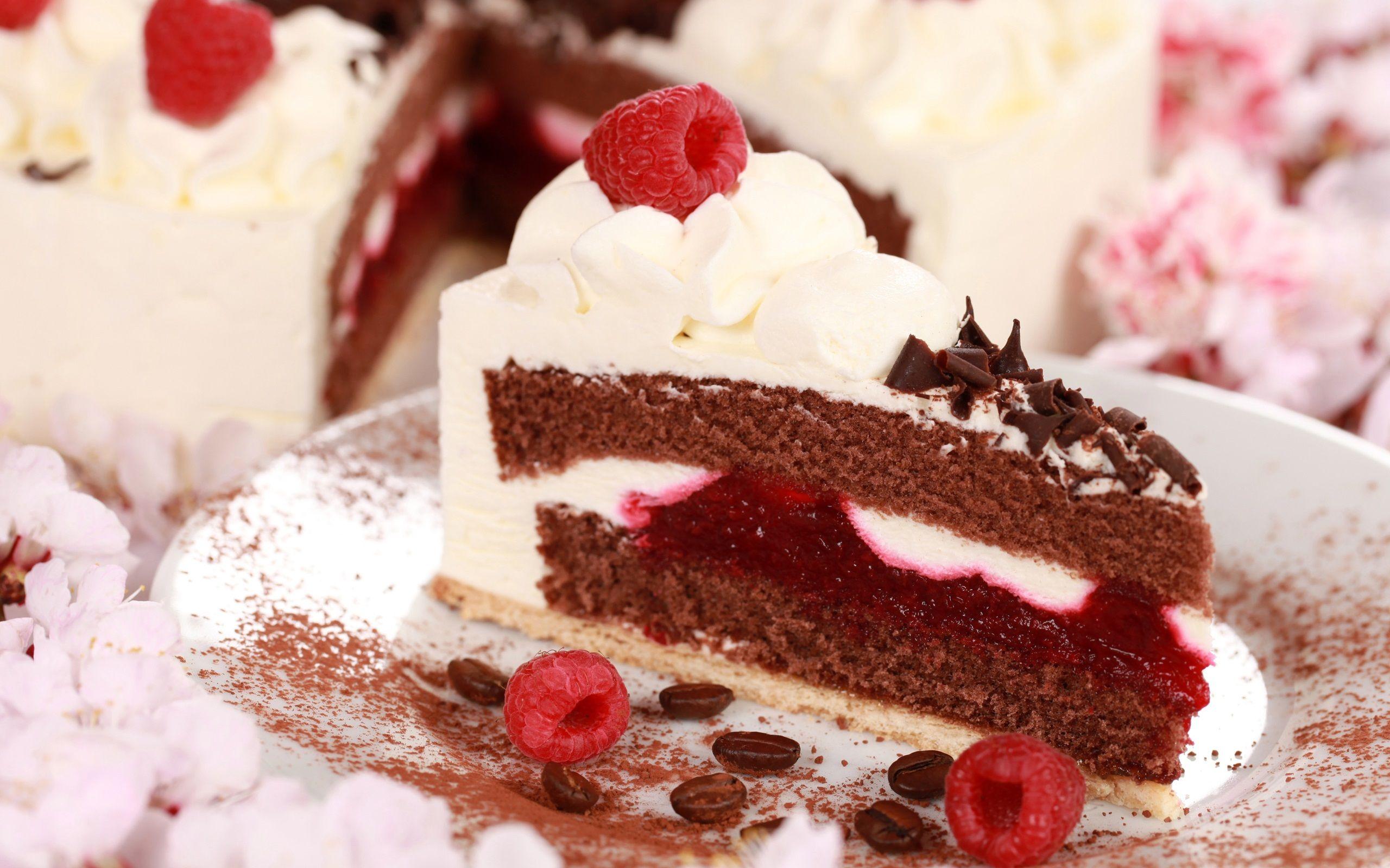 Cake, slice, berry, raspberry, cream, chocolate, dessert wallpaper