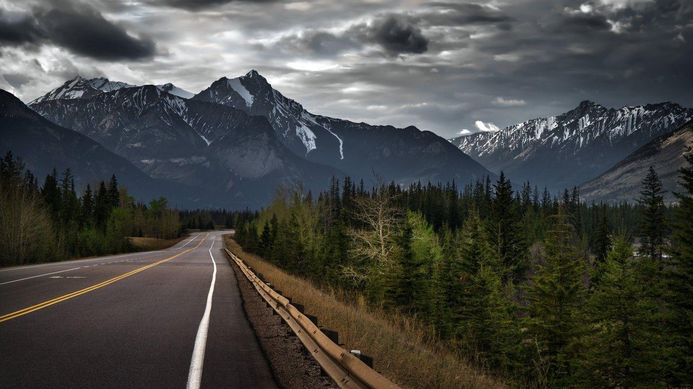 Download Road trip on a stormy day, Canada HD wallpaper for 1366 x