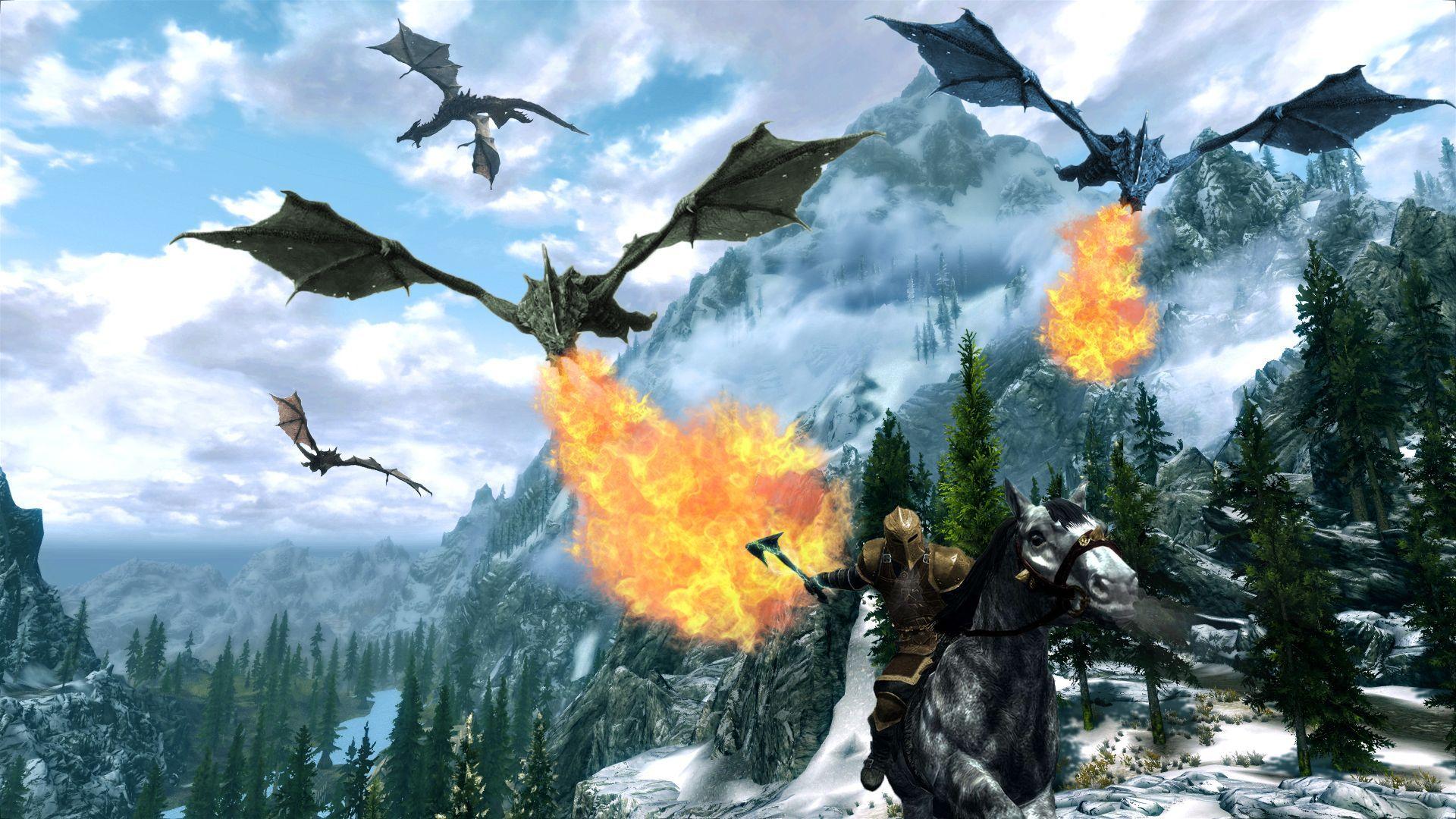 Skyrim Elder Scrolls Dragon Mountains Landscape Horse Fire HD
