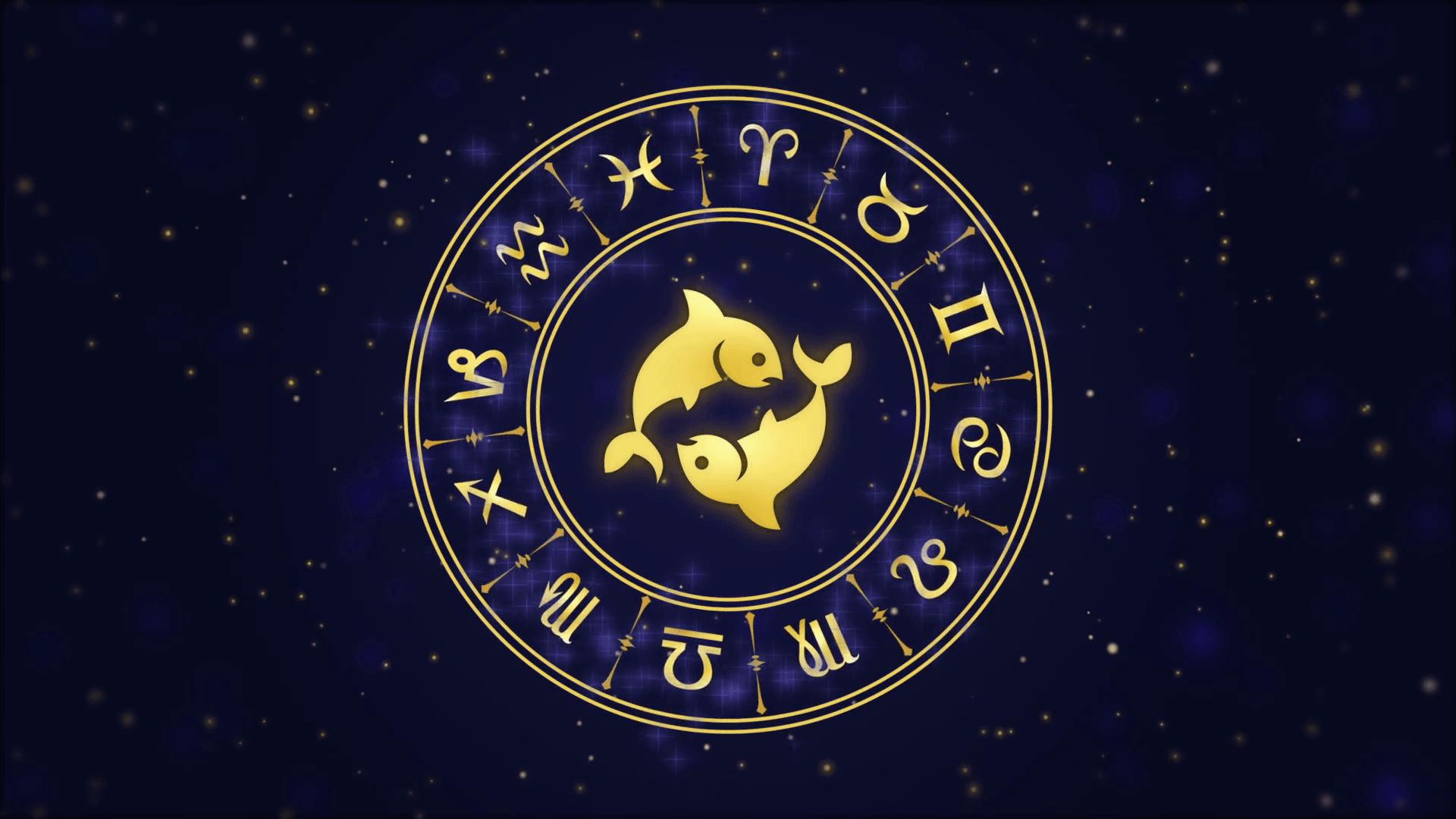 Zodiac sign Pisces and horoscope wheel on the dark blue background
