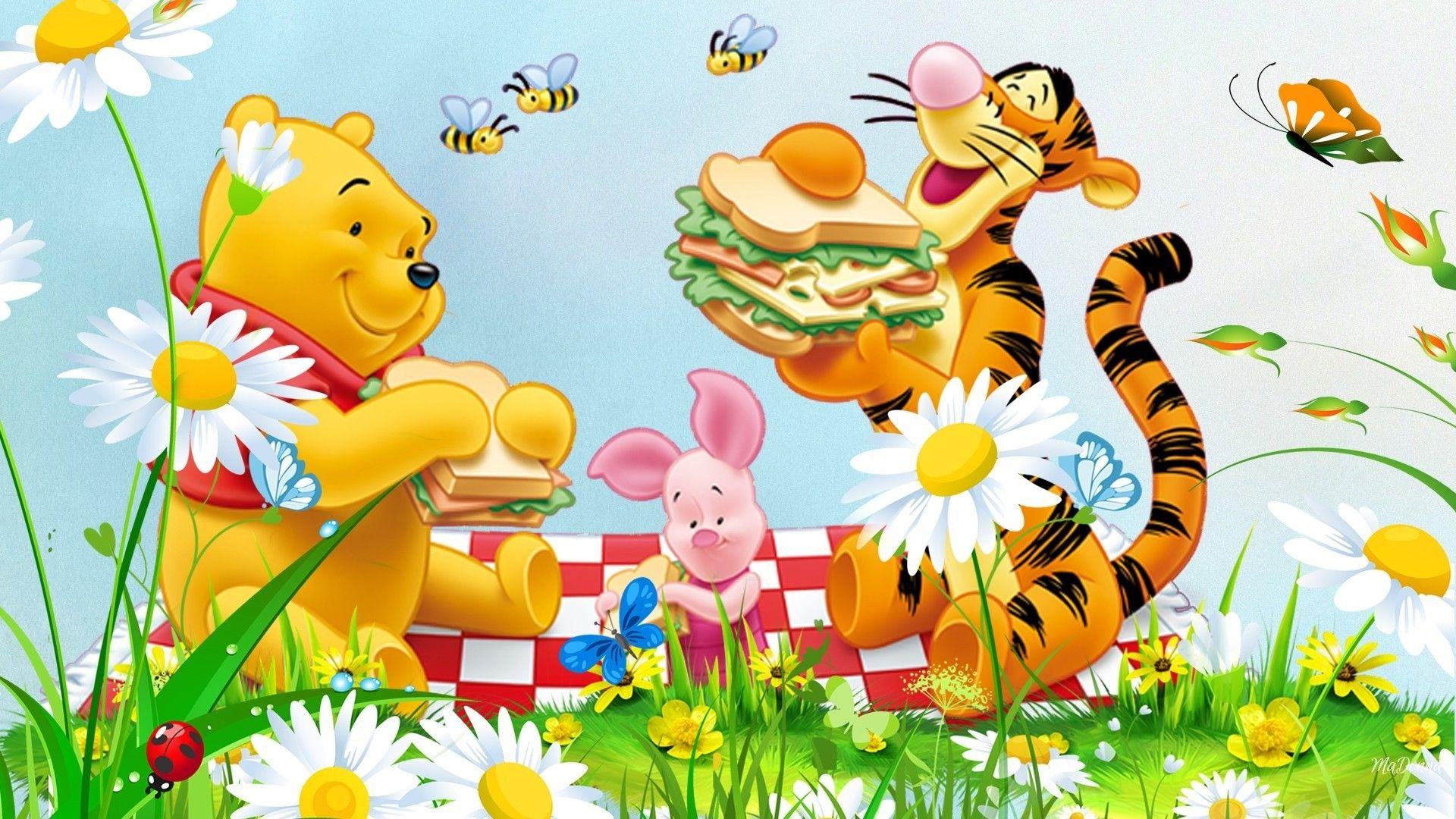 Picnic Flowers Grass Bee Winnie The Pooh Tigger And Piglet Cartoon