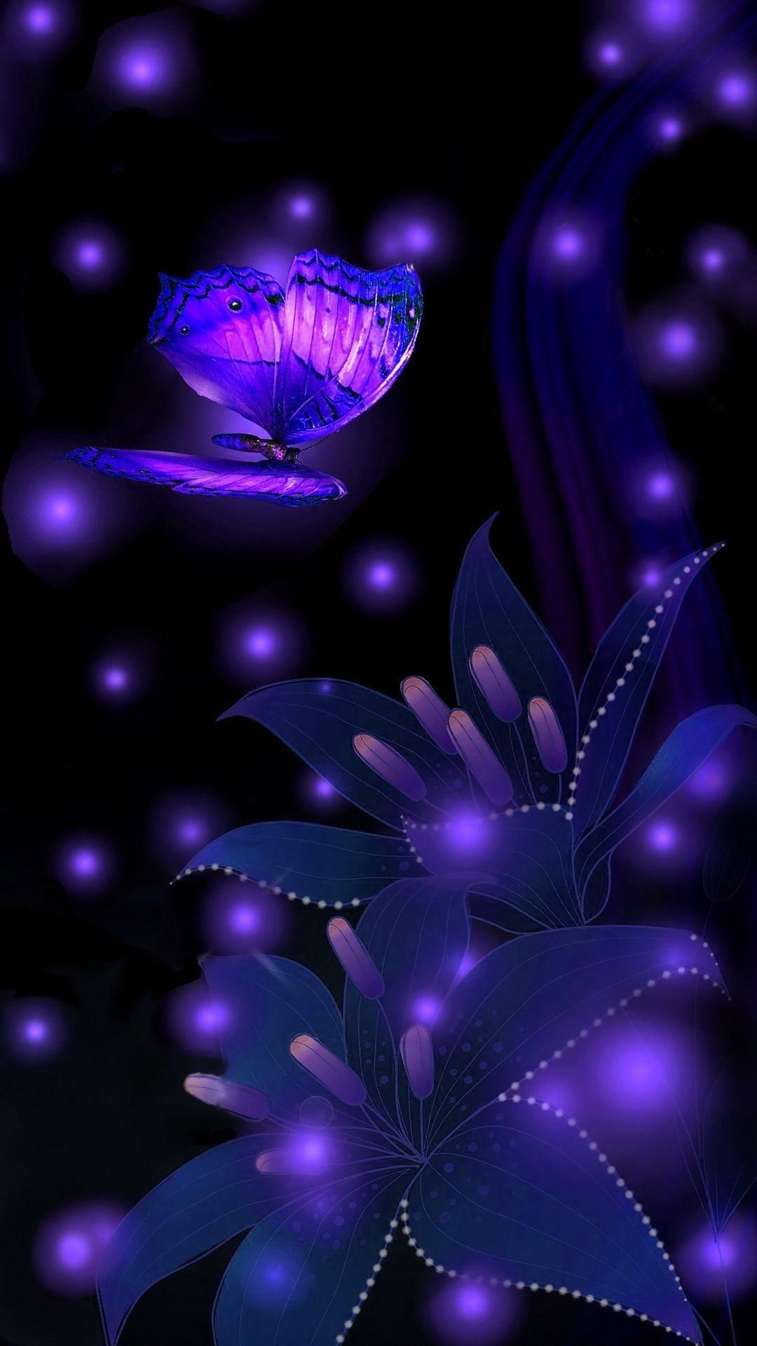 Abstract night magic- butterfly and flower wallpaper