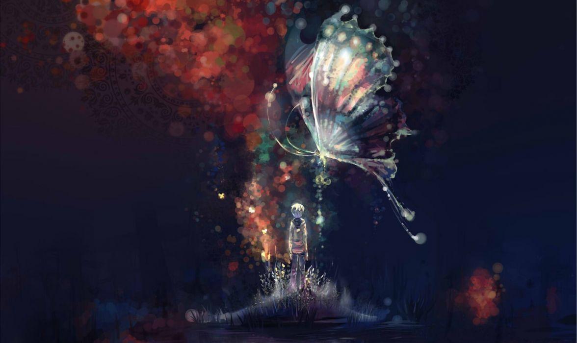 Art night abstract butterfly boy island water lake anime