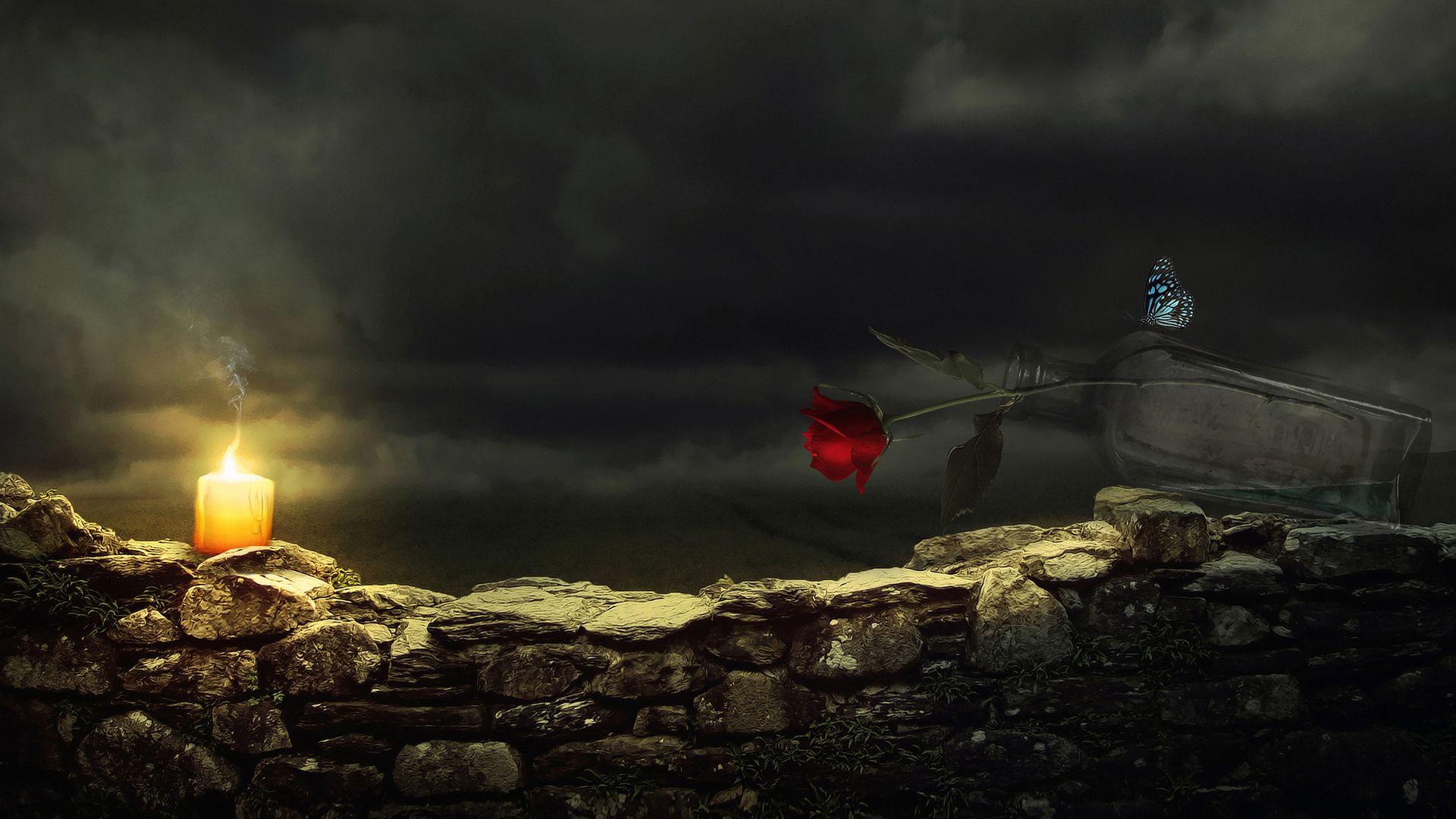 Download wallpaper night, clouds, bottle, flower, red, rose, candle