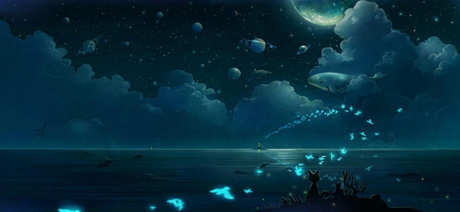 Butterfly clouds night anime fantasy wallpaperx900