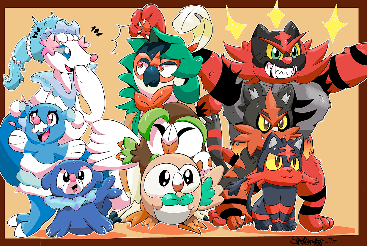 I drew a wallpaper of all the alola starters!^^