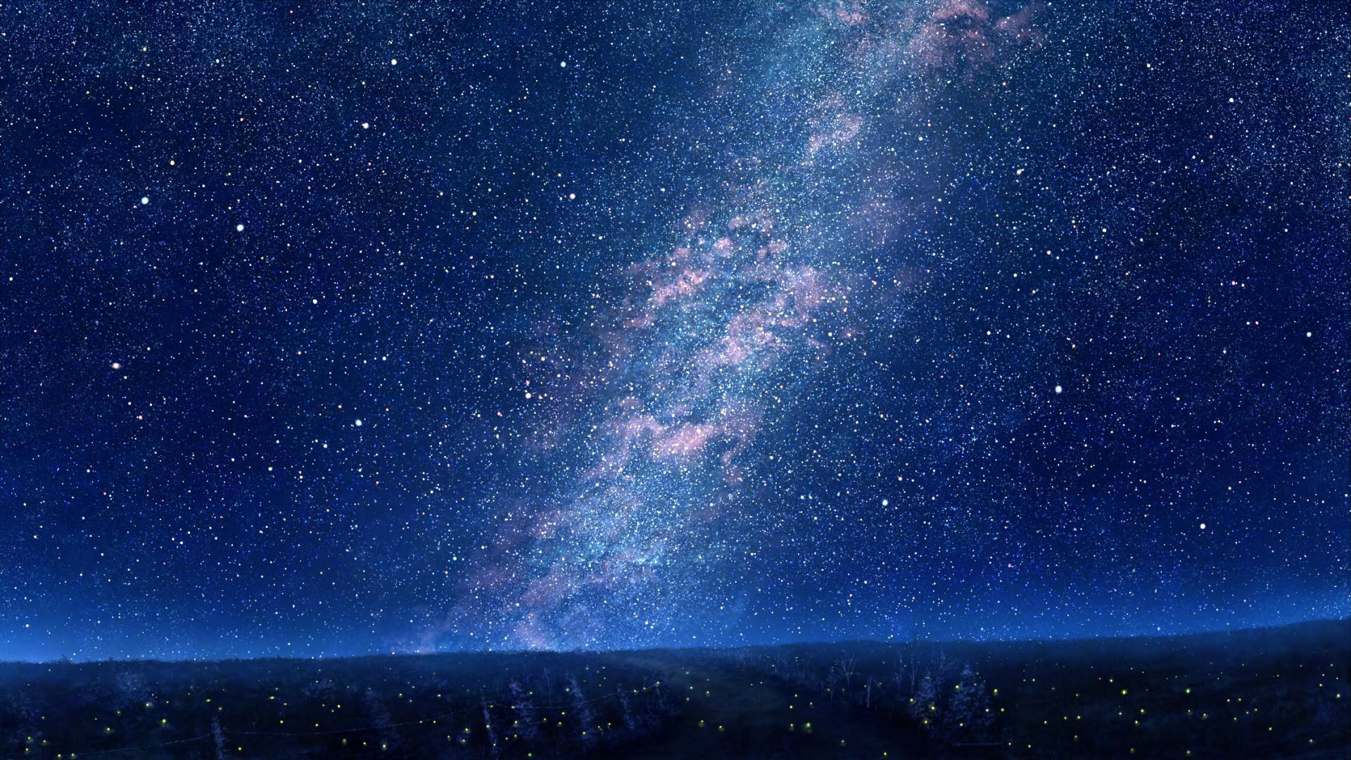 Stars, blue sky, night, trees, sky fantasy wallpaper