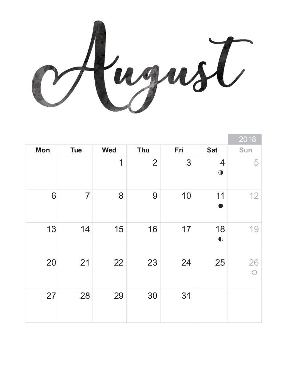 August 2018 Calendar Printable Wallpaper HD Image