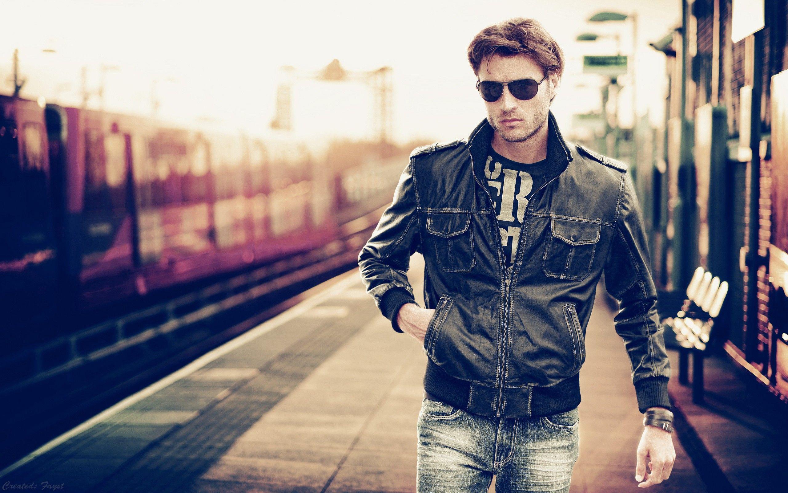 models, men, sunglasses, train stations, bokeh, leather jacket, male