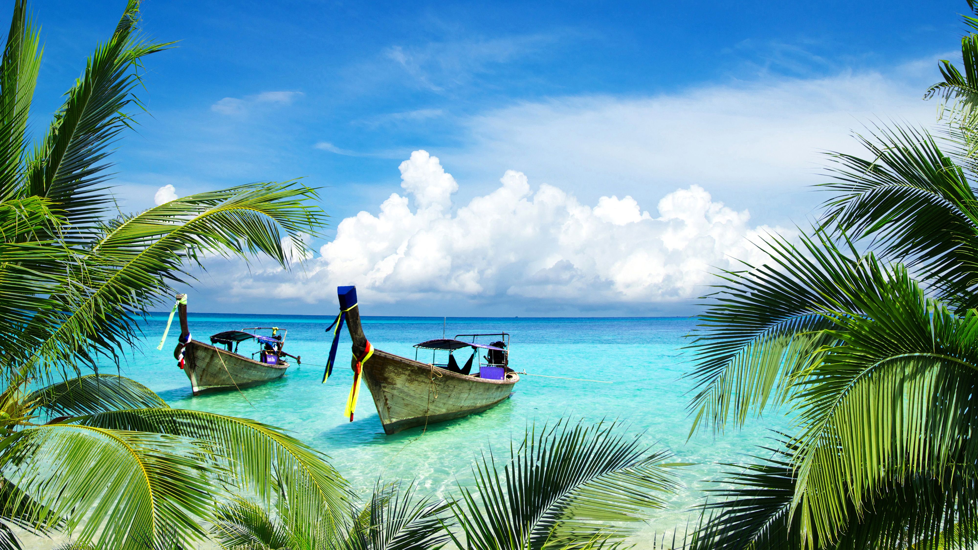 Wallpaper Tropical Beach, Boats, Island, Coconut trees, 4K, Nature