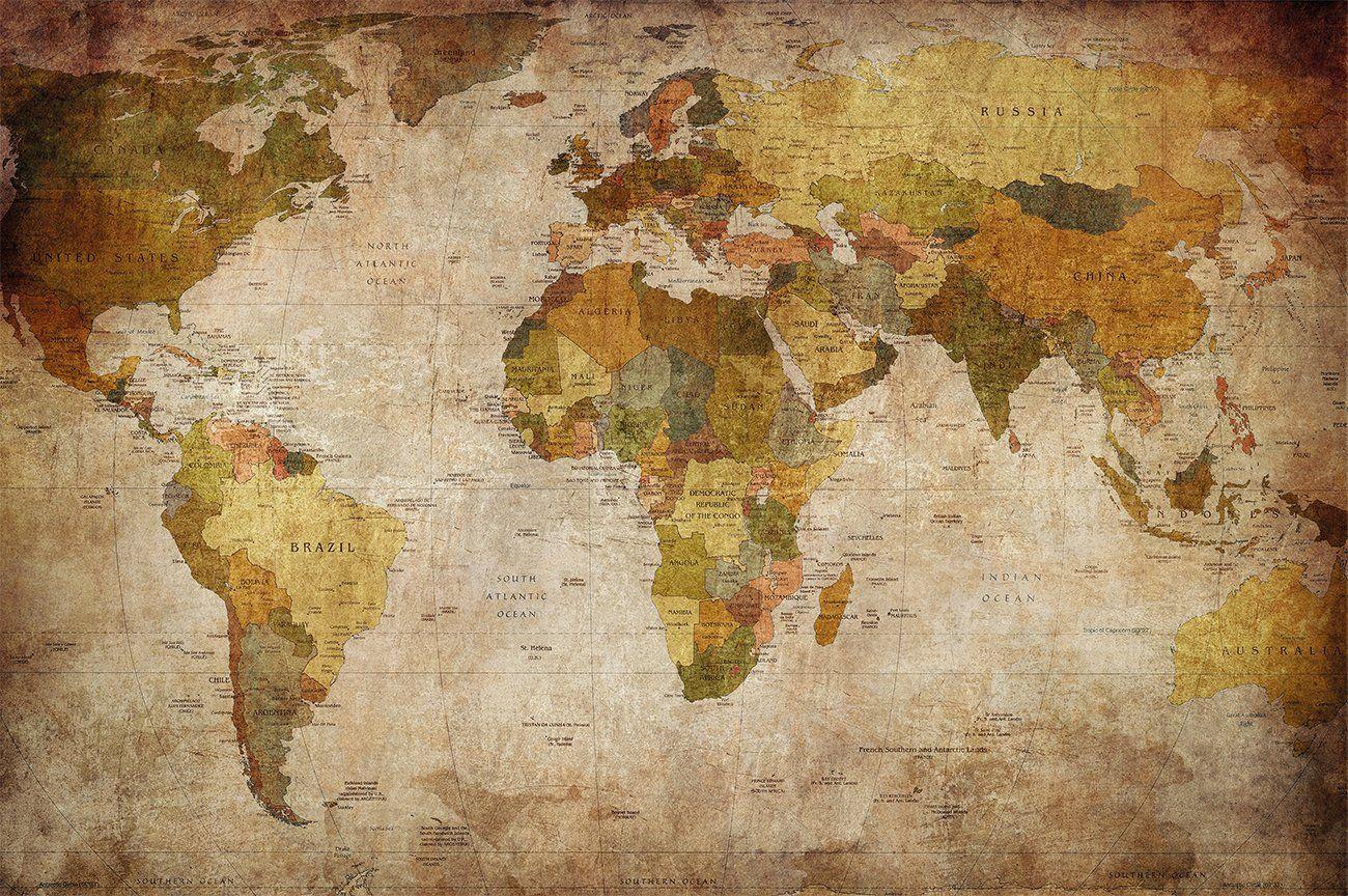 Amazon.com Map Photo Wallpaper Retro Motif World Map Mural Decoration - World map mural, Map wall mural, World map wallpaper