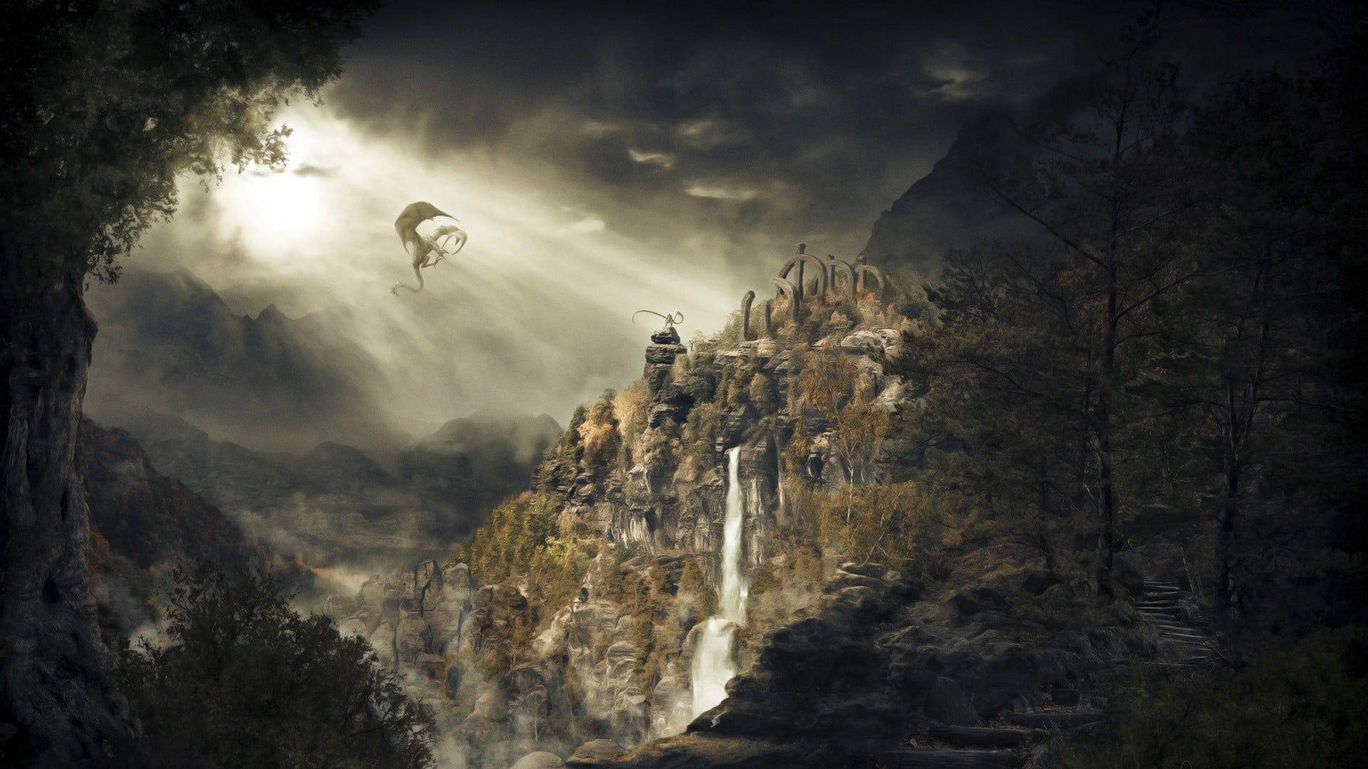 Dragon above mountain wallpaper, The Elder Scrolls V: Skyrim, dragon