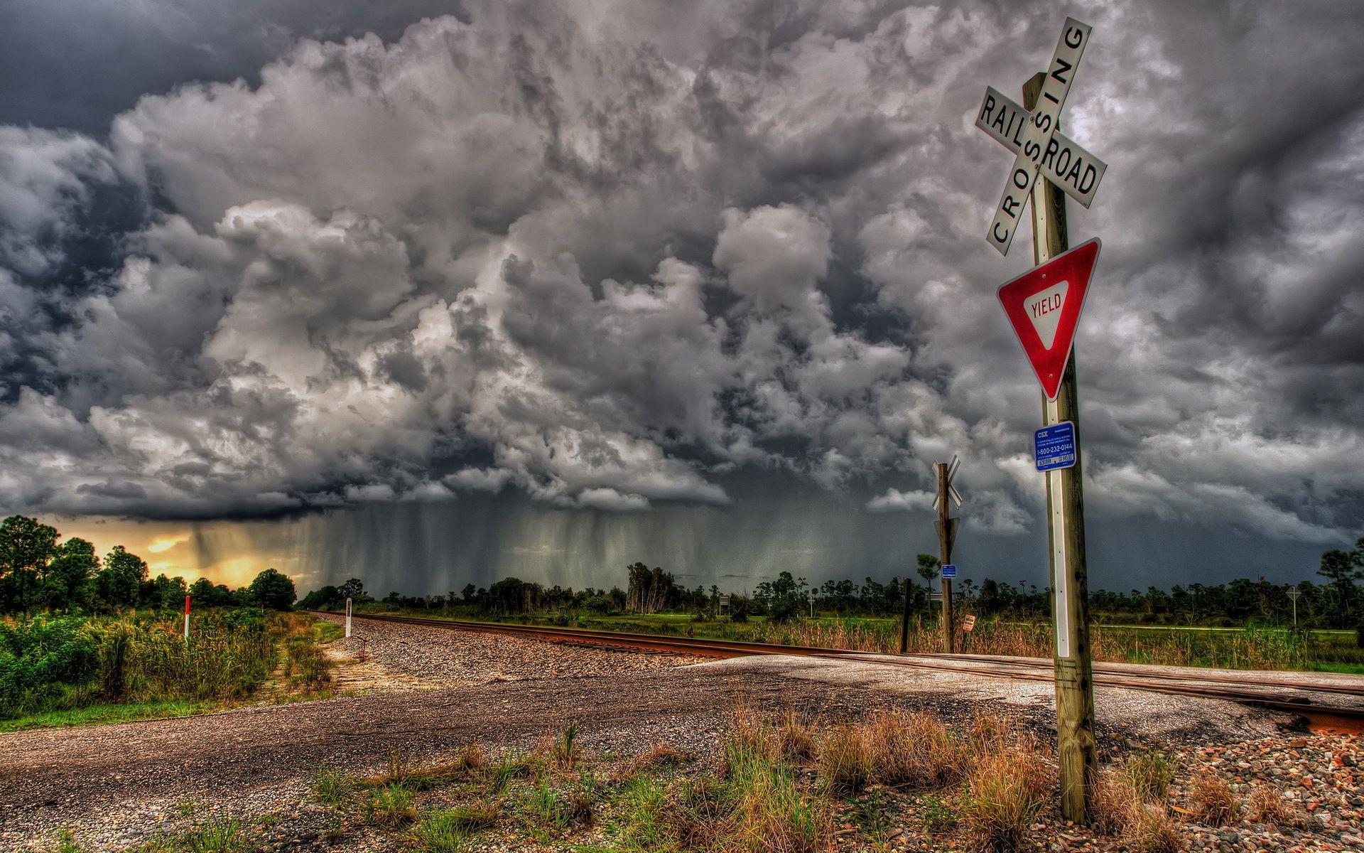 Railroad sign crossing train sky storm rain hdr clouds wallpaper