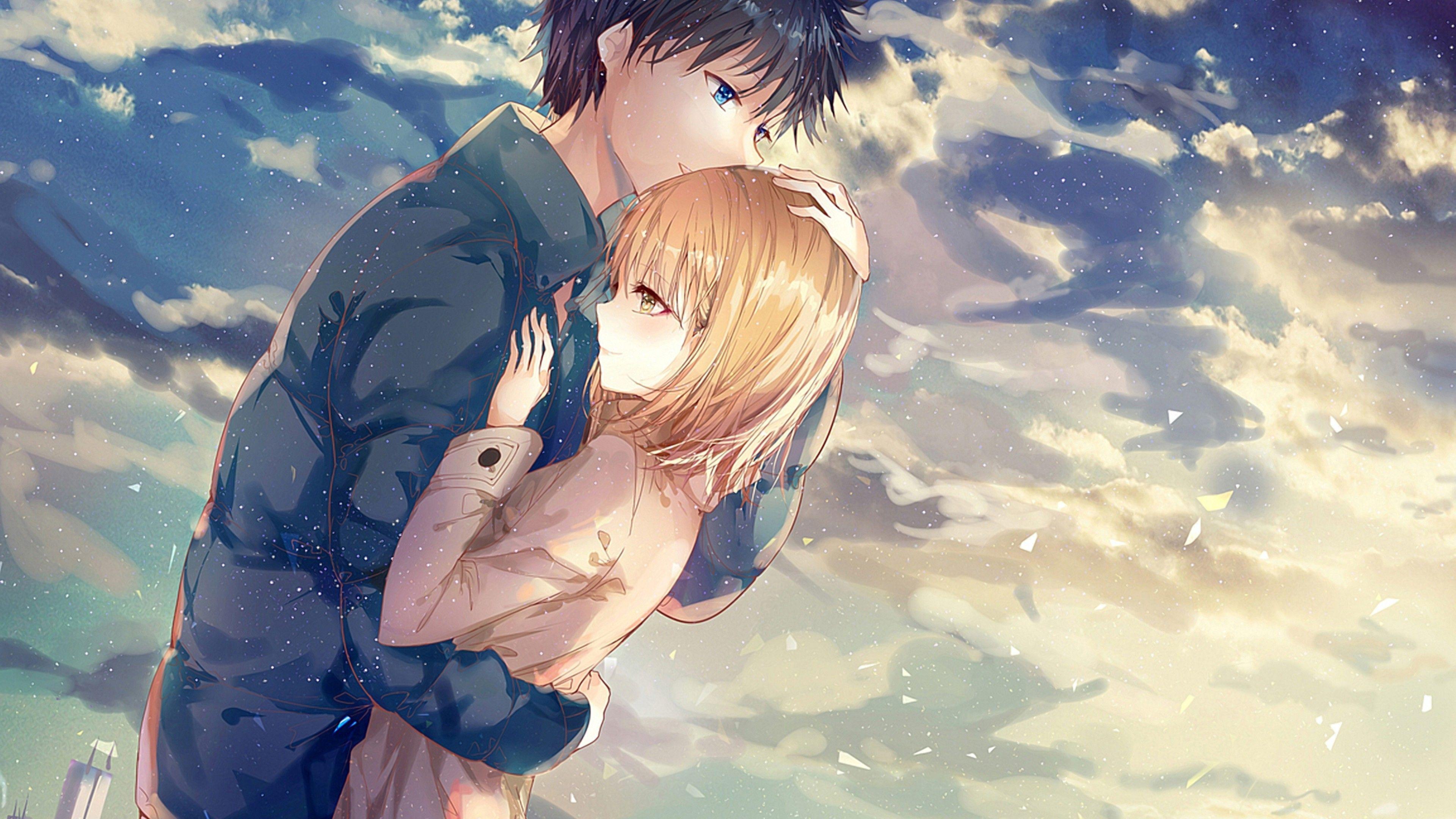 Download 3840x2160 Anime Couple, Hug, Romance, Clouds, Scenic.