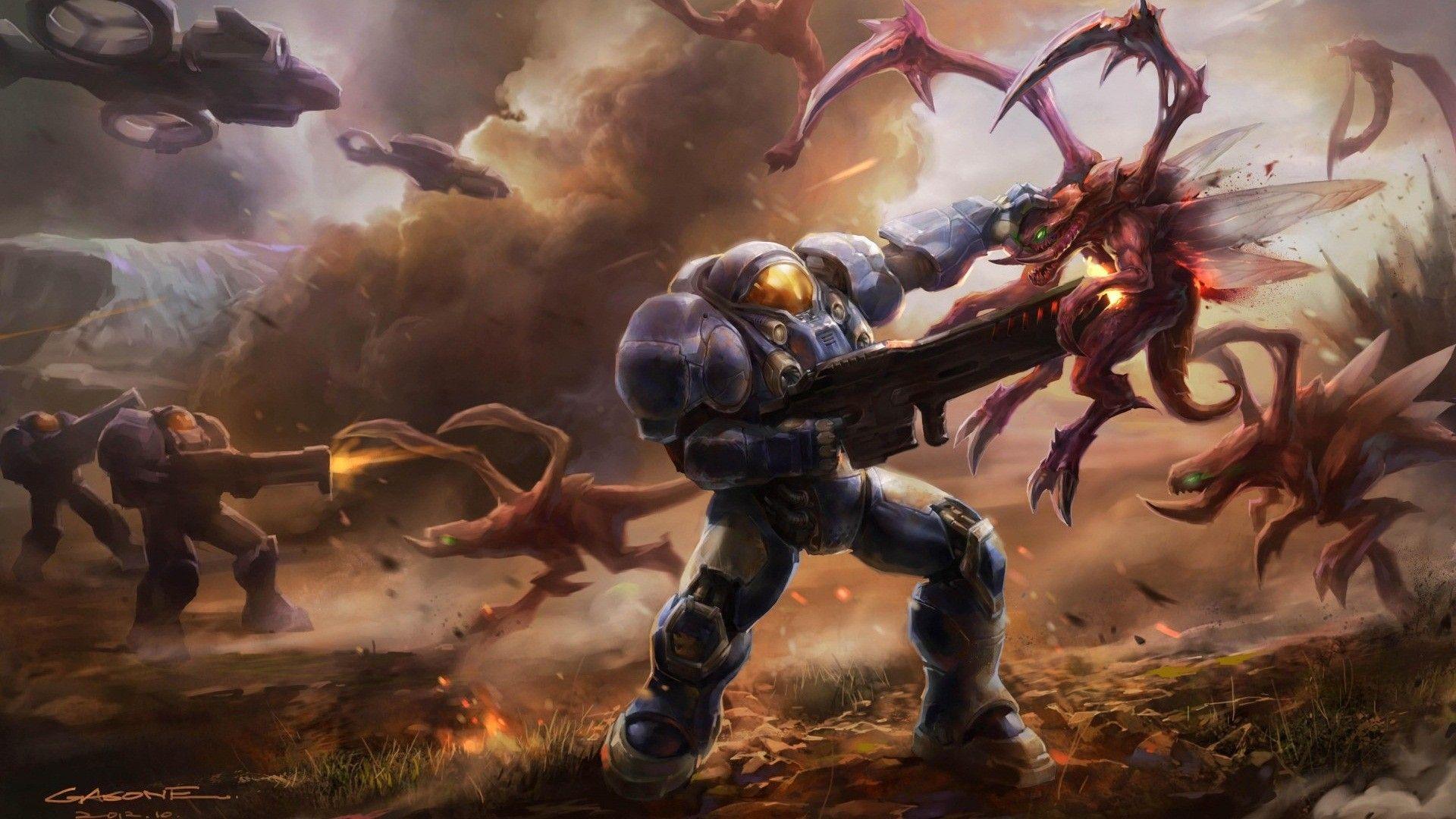 Zerg, Terran, battles, science fiction, StarCraft II wallpaper