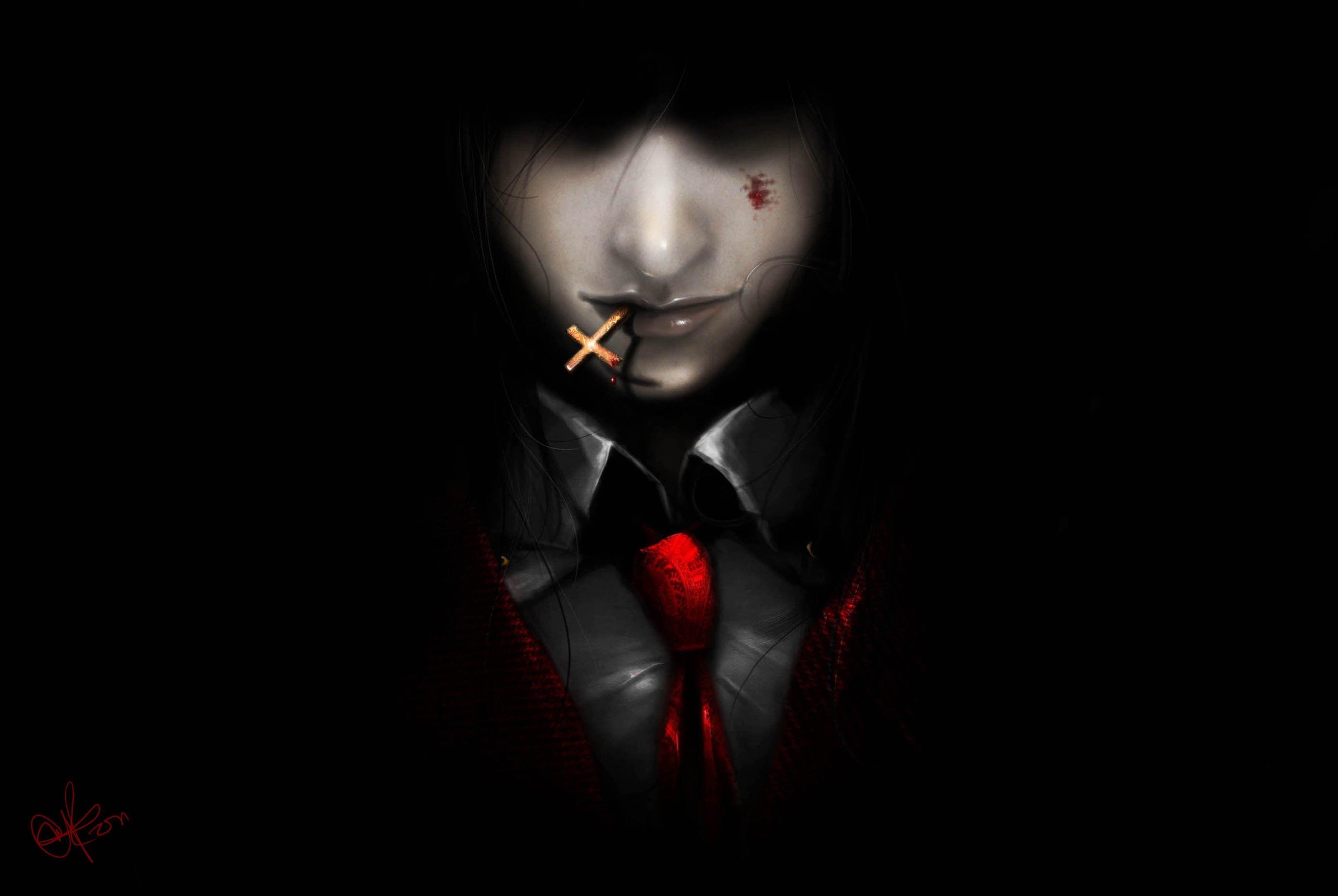 Art Hellsing Alucard demon vampire man cross dark background tie blood wallpaperx2160