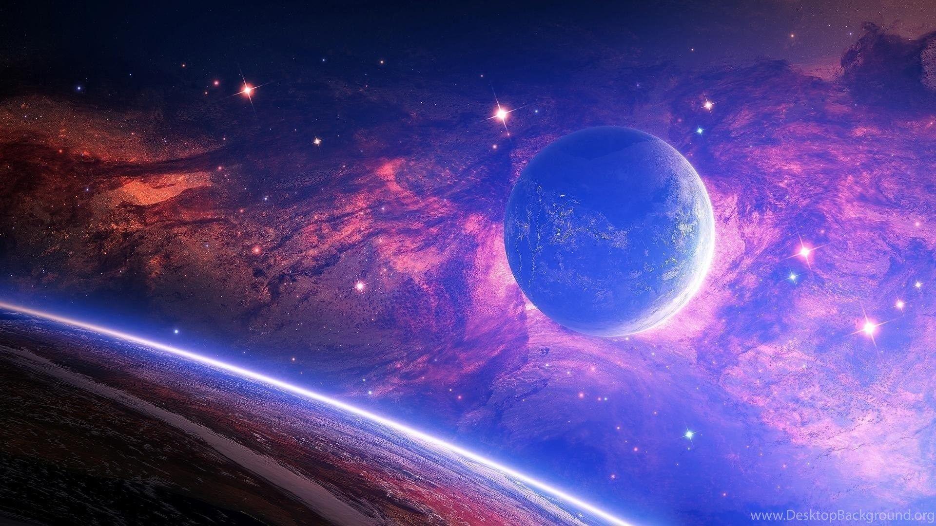 Blue Planet On The Background Of Pink Galaxy Desktop Background