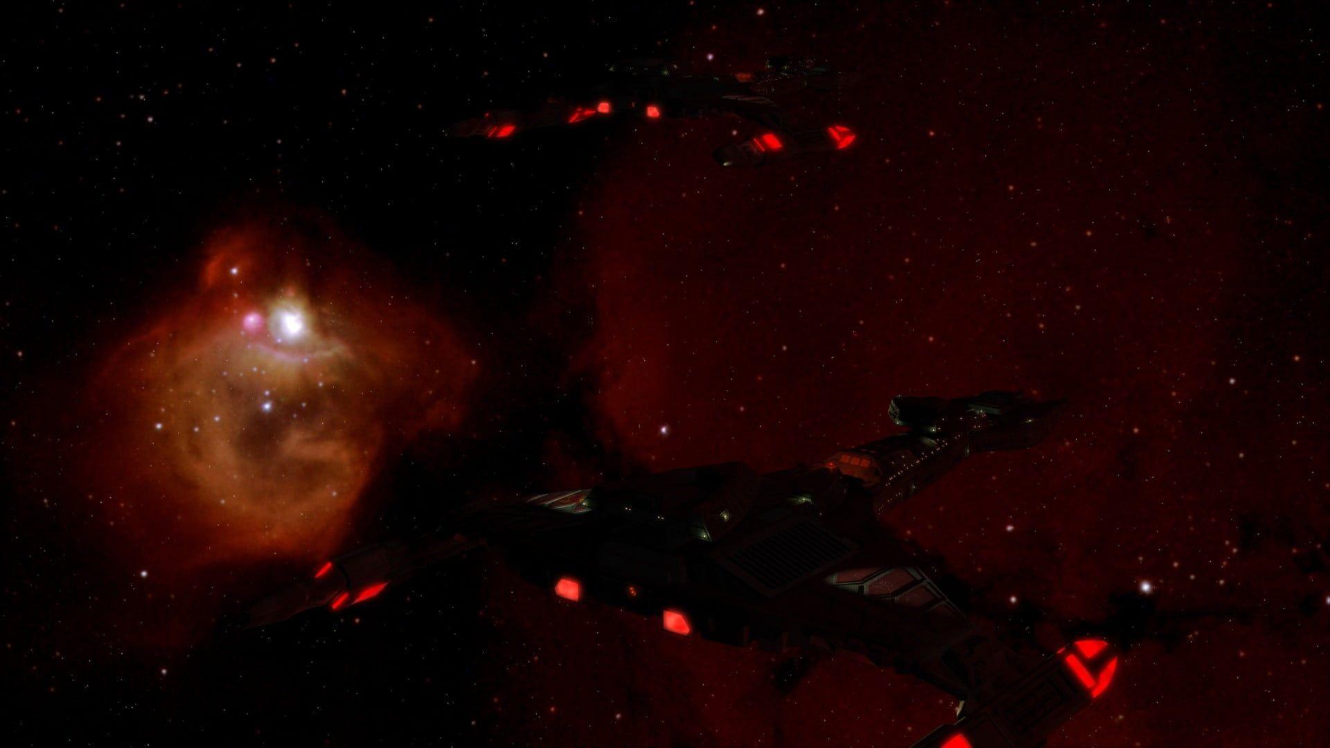 Red galaxy, fantasy art, Star Trek, Klingon, spaceship HD wallpaper