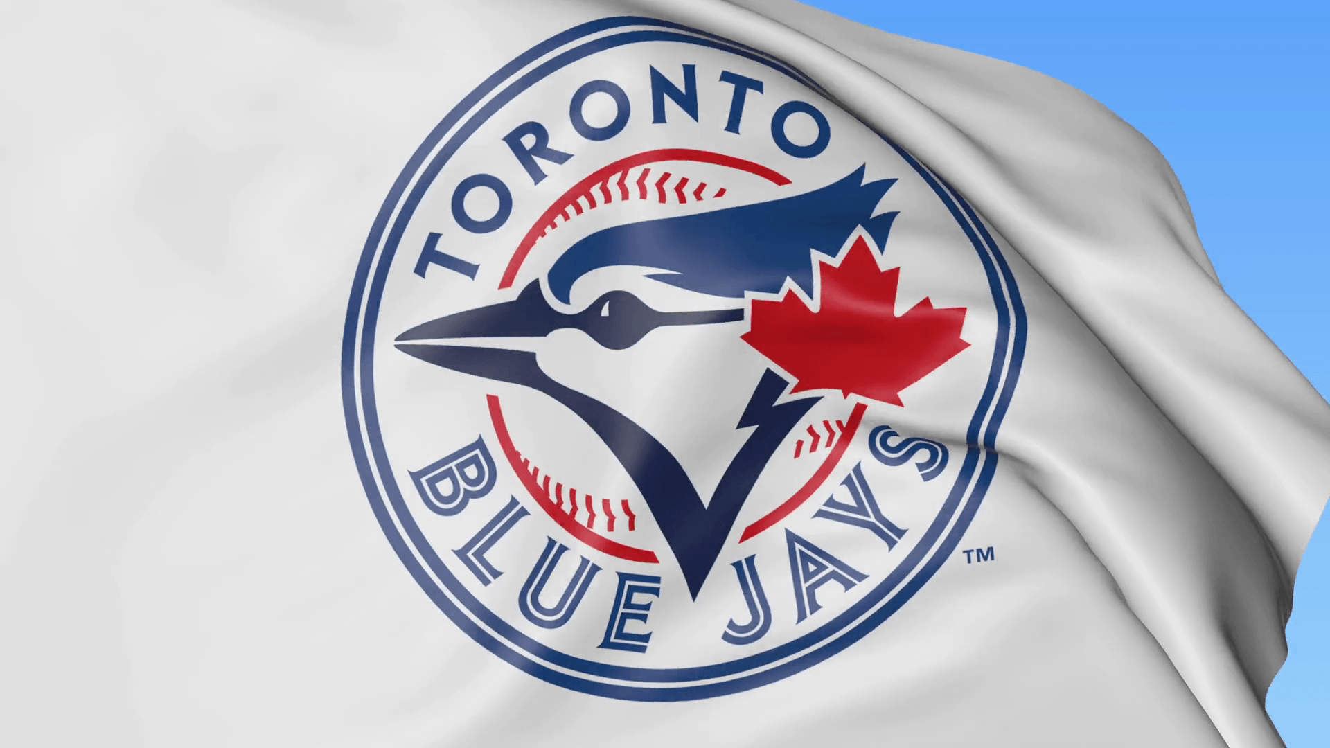 Close Up Of Waving Flag With Toronto Blue Jays MLB Baseball Team