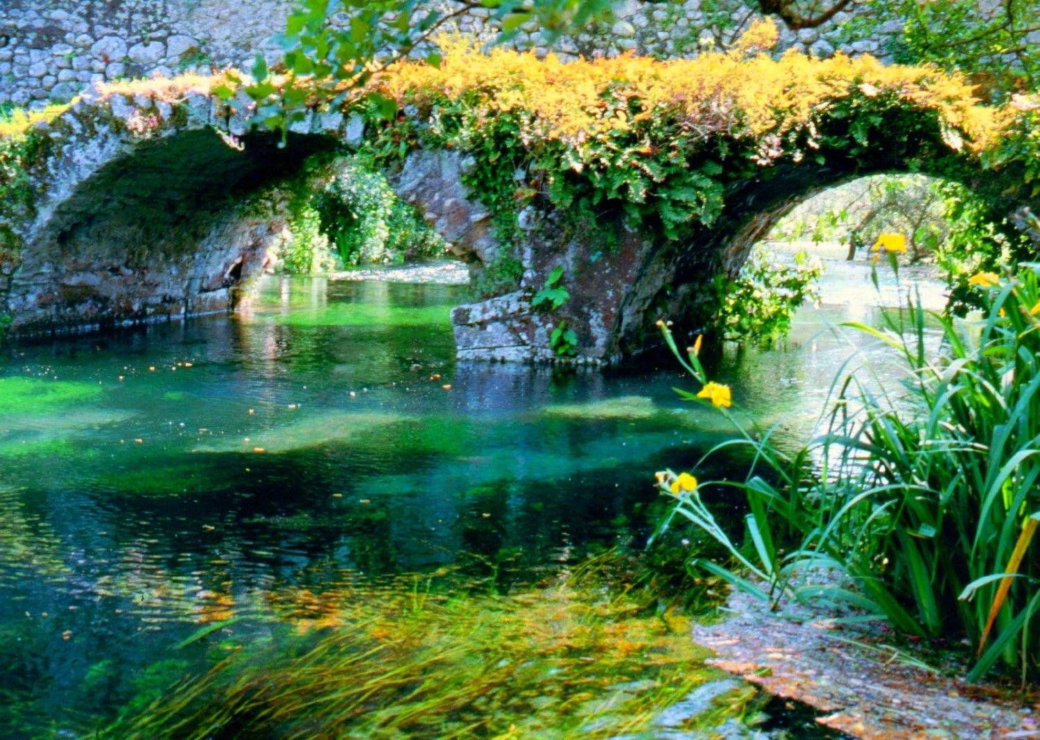 Rivers: Garden Flowers Flowes Beautiful Old Yellow Bridge Springtime