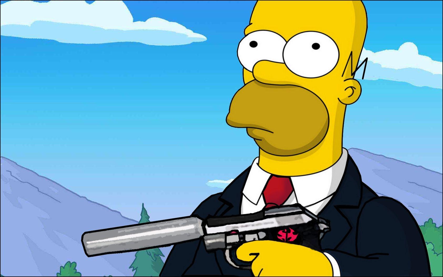 cartoons, guns, suit, Homer Simpson, Hitman, parody, The Simpsons.
