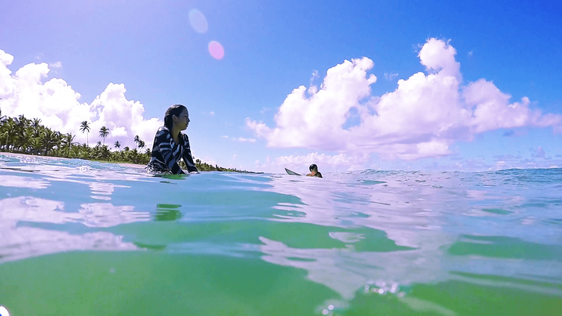 Surf Girls, Friends In The Sea Sitting On Surfboard Waiting For Wave