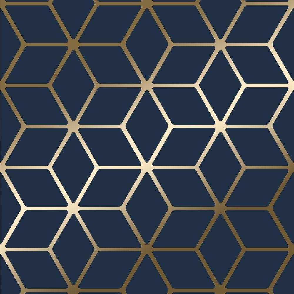 House of Alice Cubic Shimmer Metallic Wallpaper Navy Blue, Gold