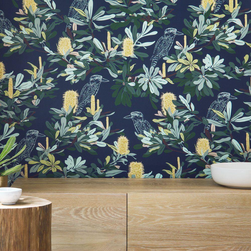 Wallpaper- Banksia in navy / 4 leaf clover