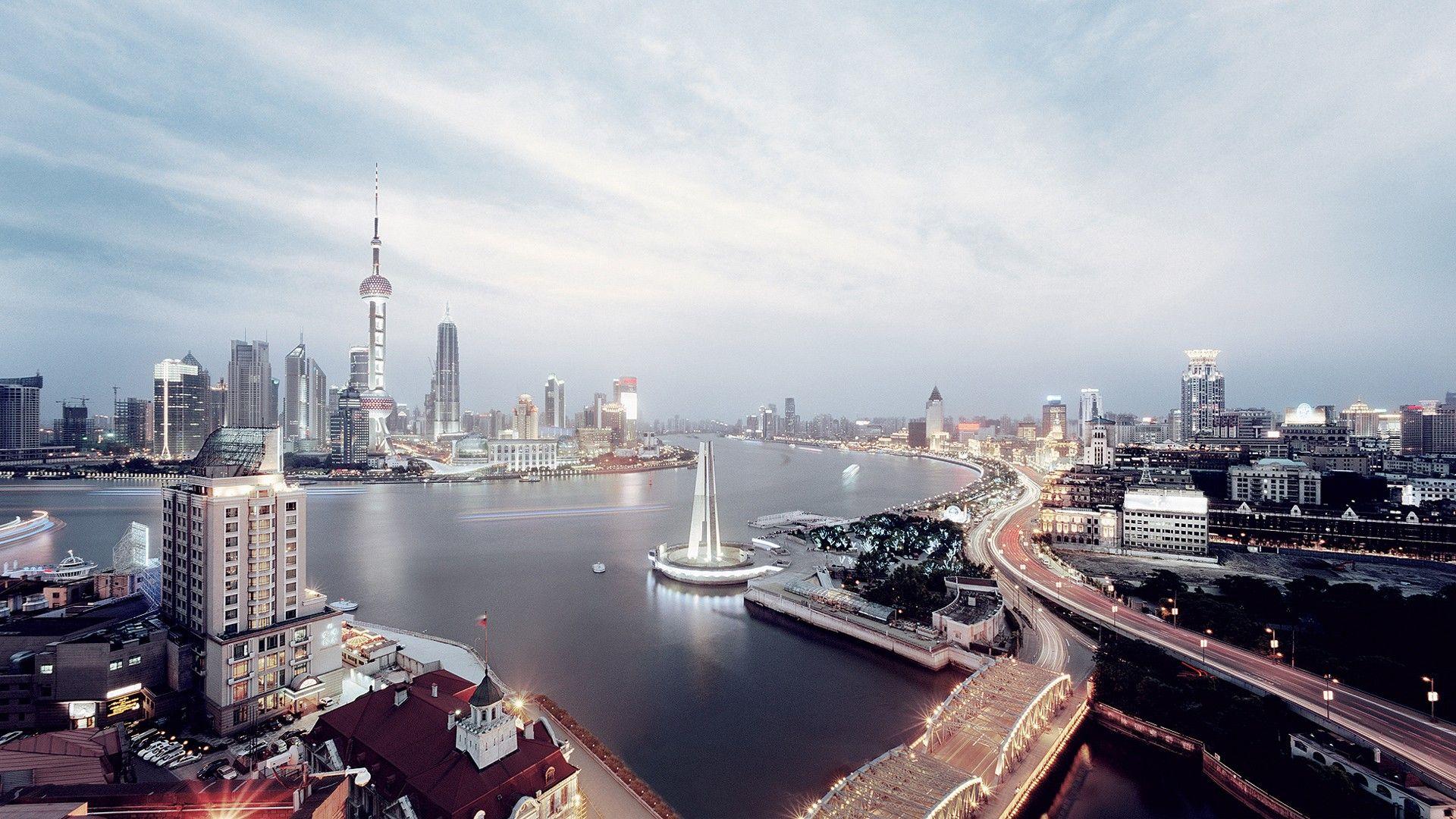 Misc: Beautiful Shanghai Future City Sky Love Dual Monitor