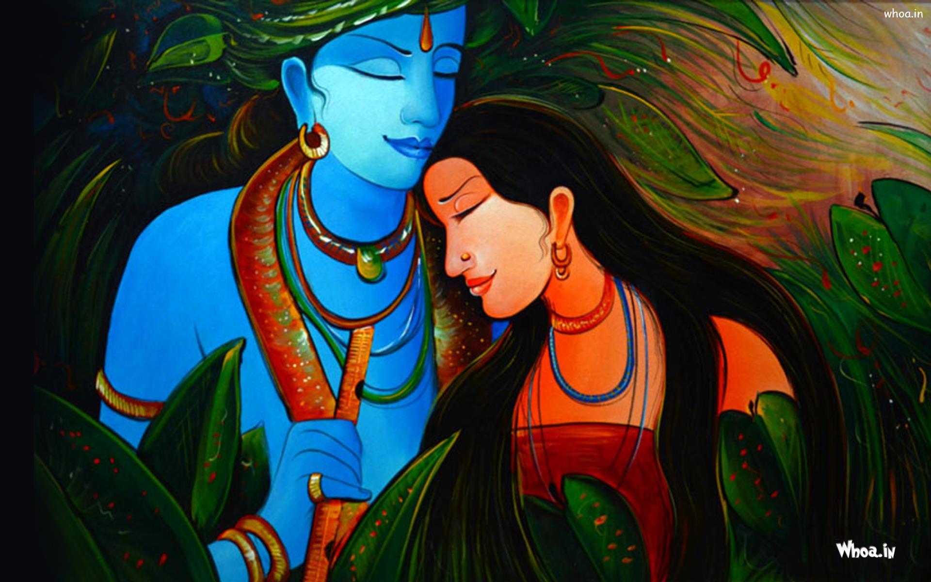 Romantic Love Painting Radha Krishna With Green Background HD