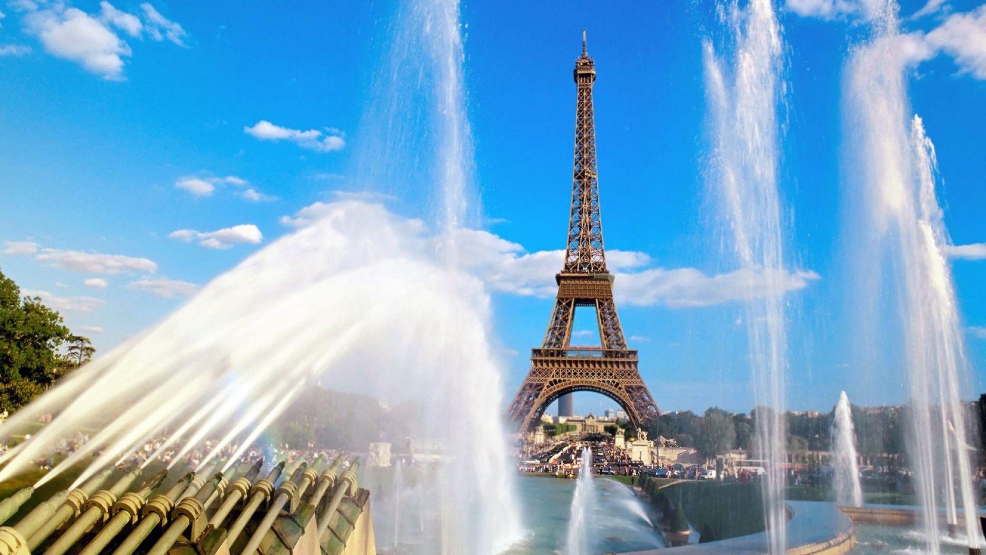 Eiffel Tower Fountain Paris France Blue Sky HD